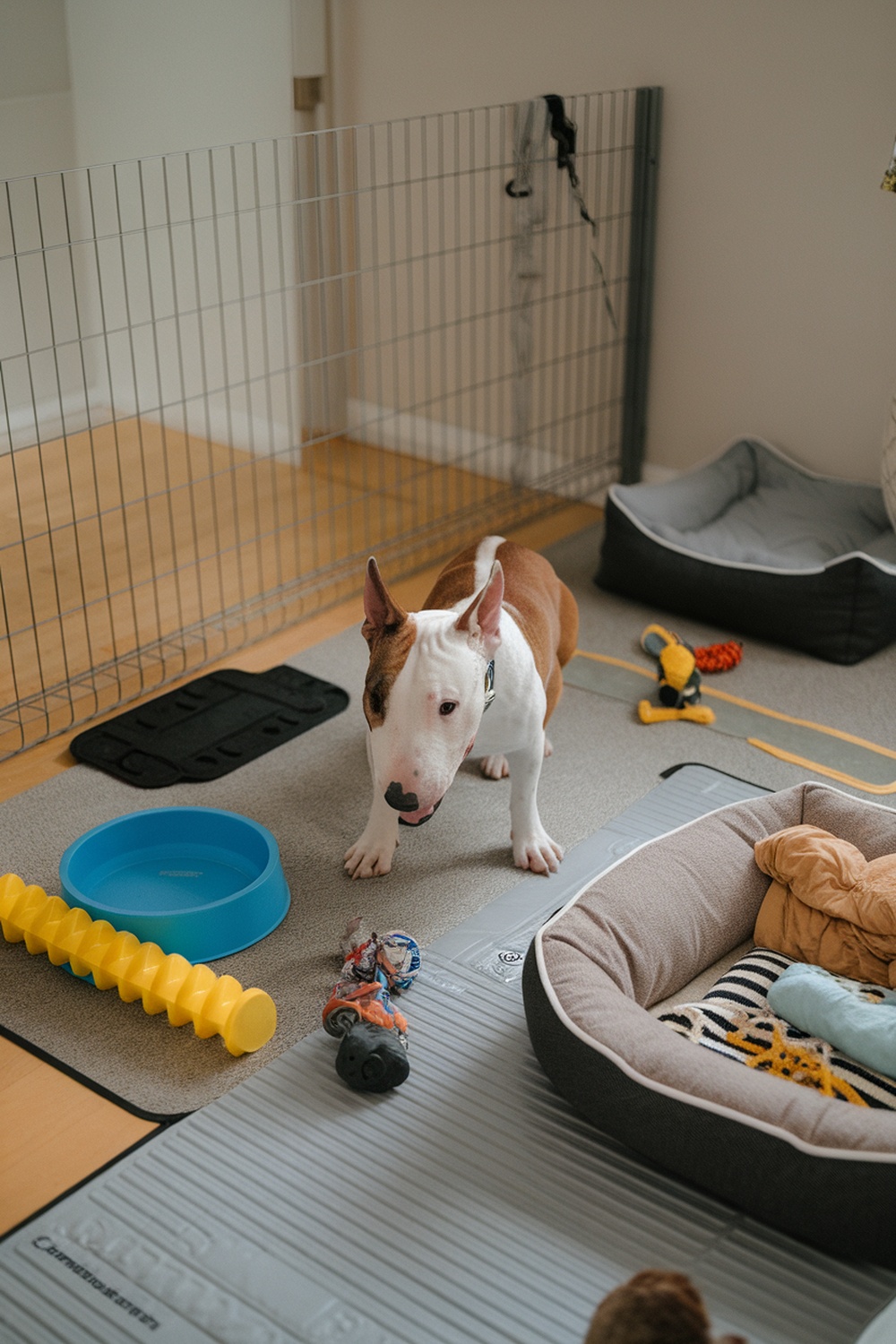 A Bull Terrier in a cozy room with toys and a bed, showcasing a prepared space for a pet.