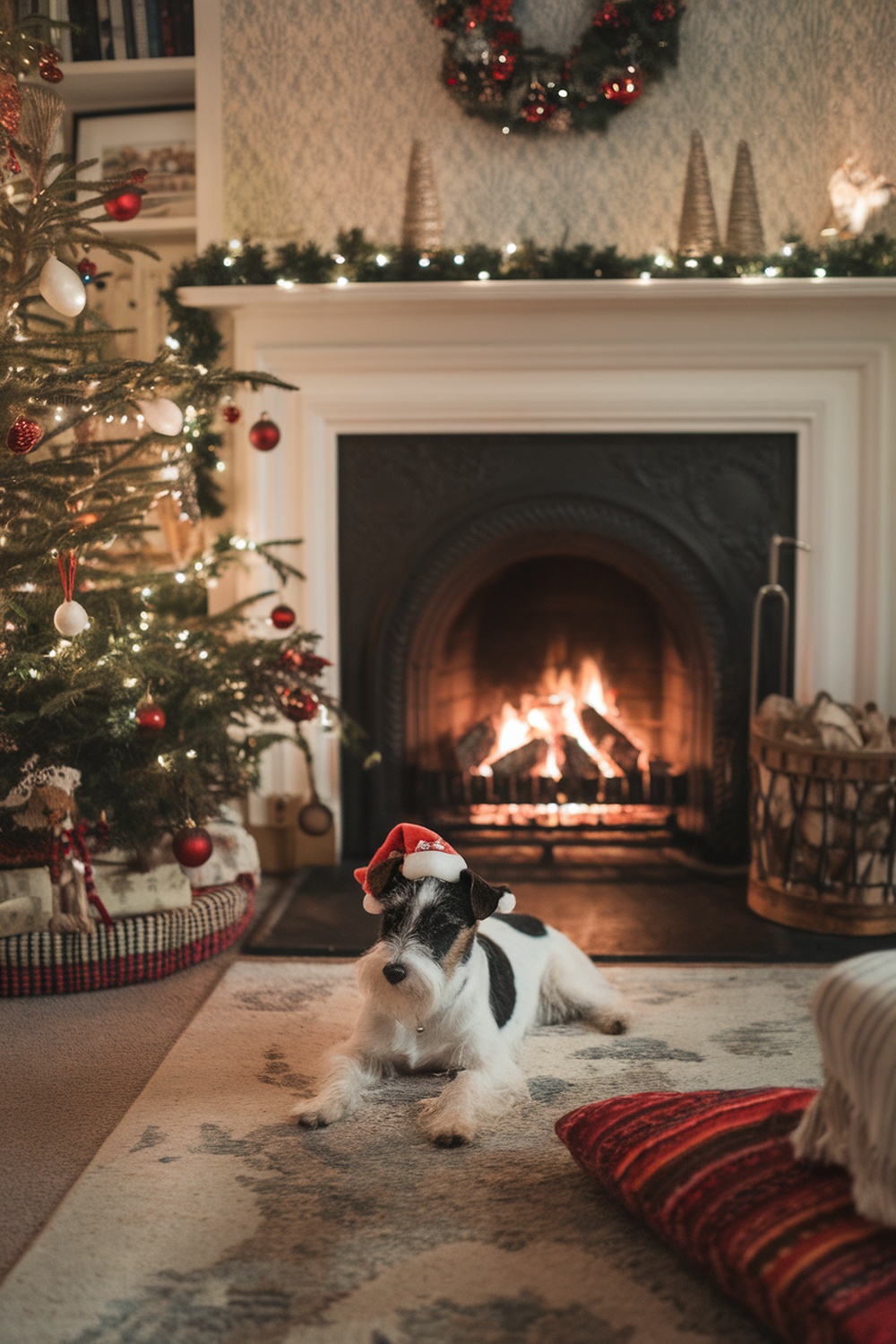 A terrier dog wearing a Christmas hat in front of a fireplace