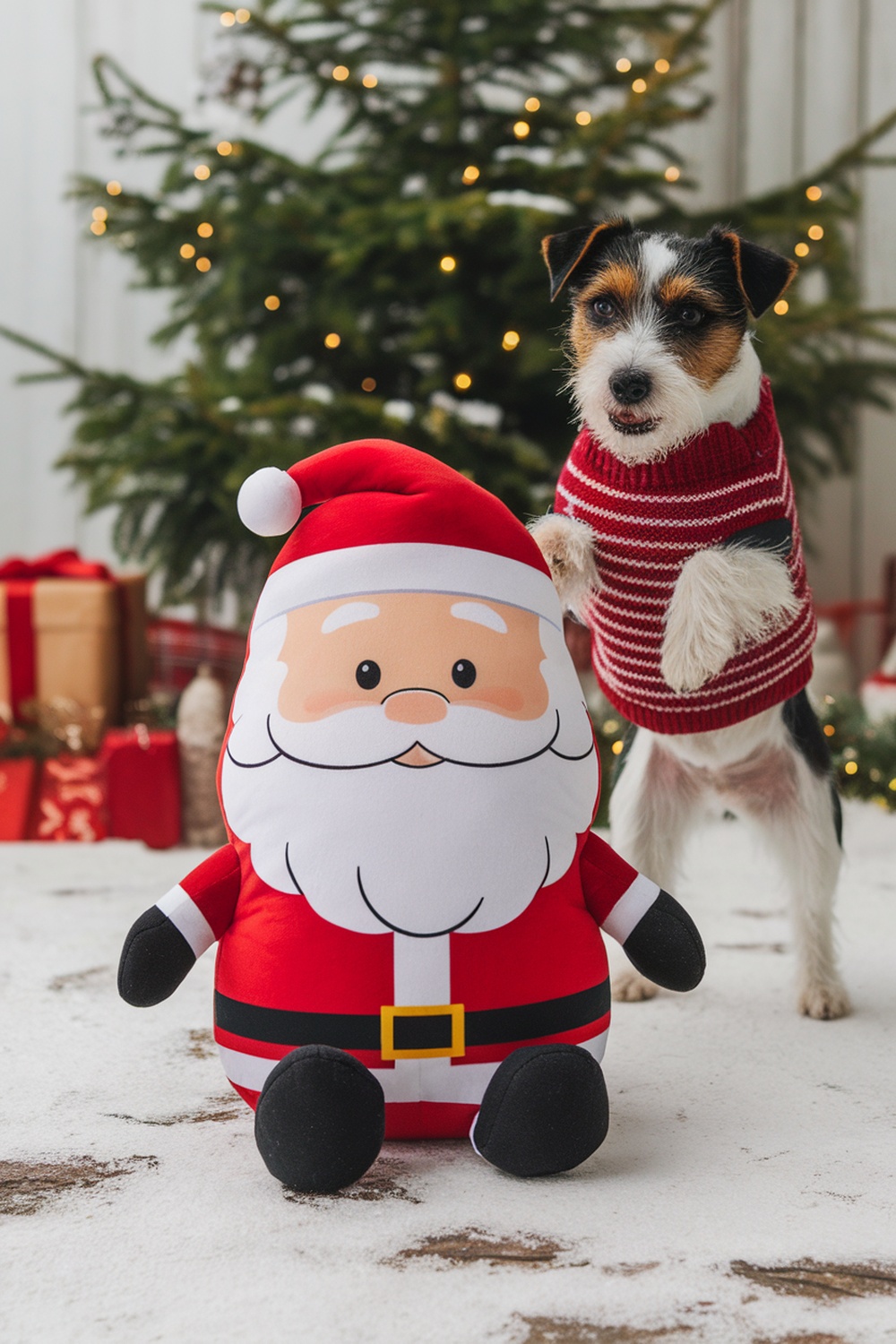 A terrier dog in a red sweater next to a plush Santa toy, with Christmas decorations in the background.