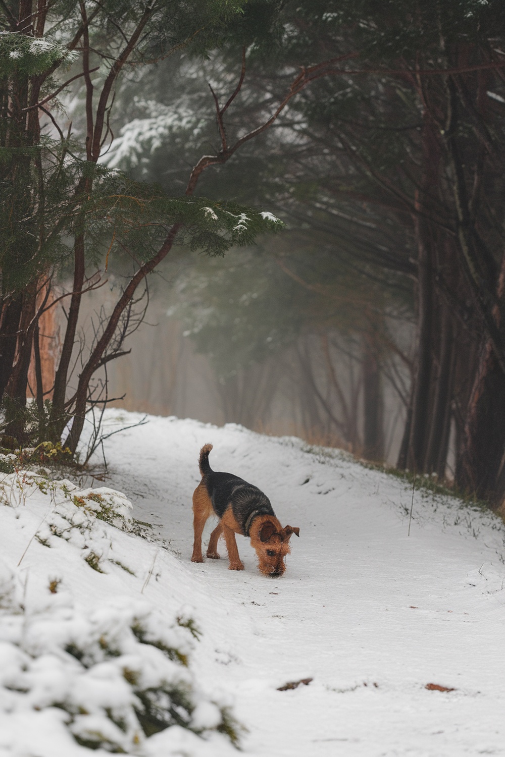 A Border Terrier exploring a snowy path surrounded by trees.