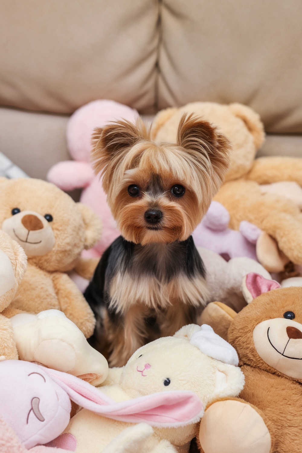 Teacup Yorkie surrounded by plush toys, showcasing a teddy bear cut hairstyle.