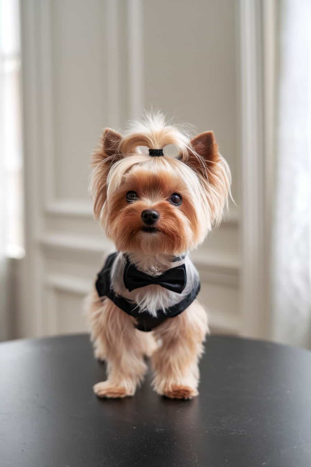 A stylish teacup Yorkie with a pompadour hairstyle, wearing a bow tie.