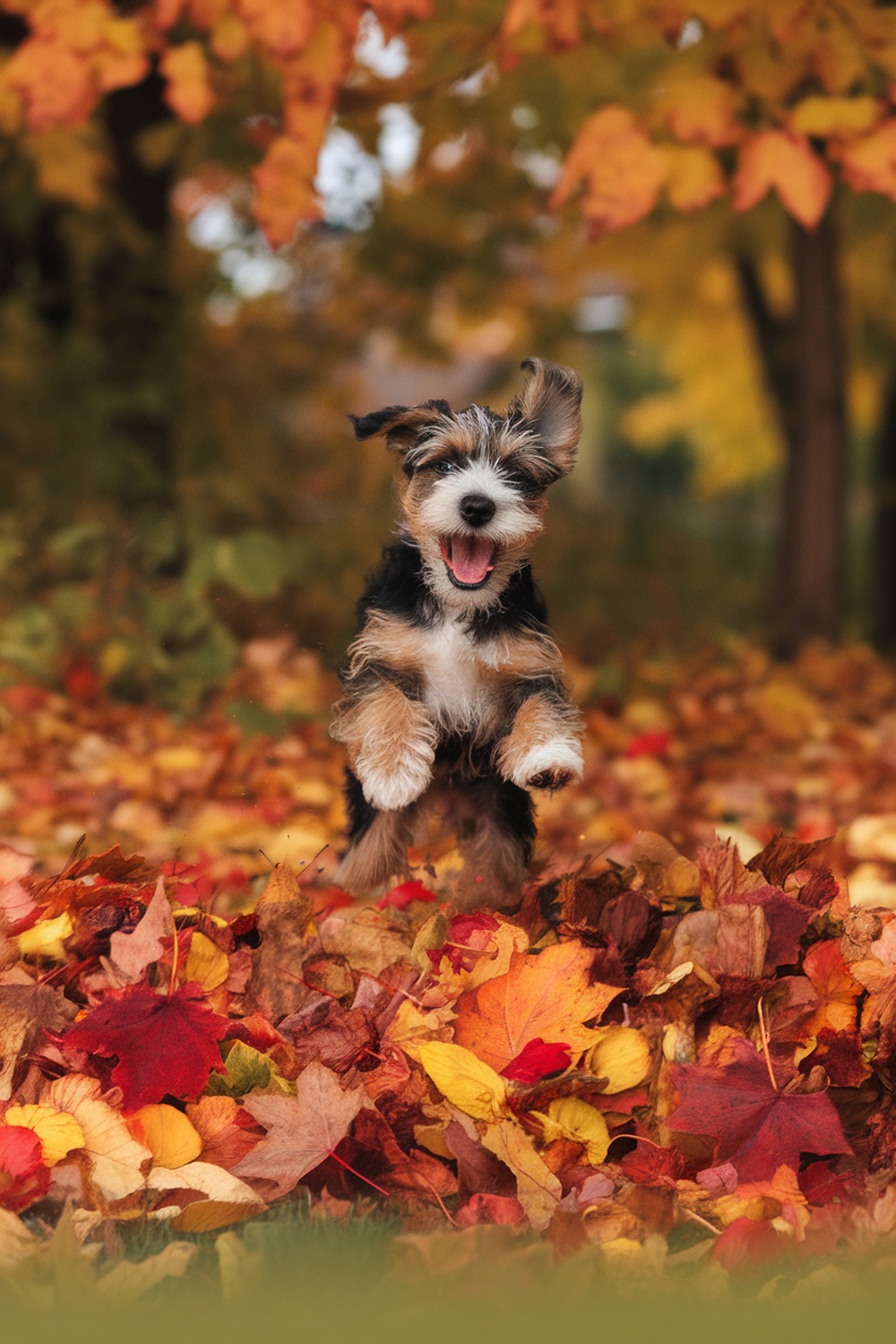 A Border Terrier puppy joyfully jumping in a pile of autumn leaves.