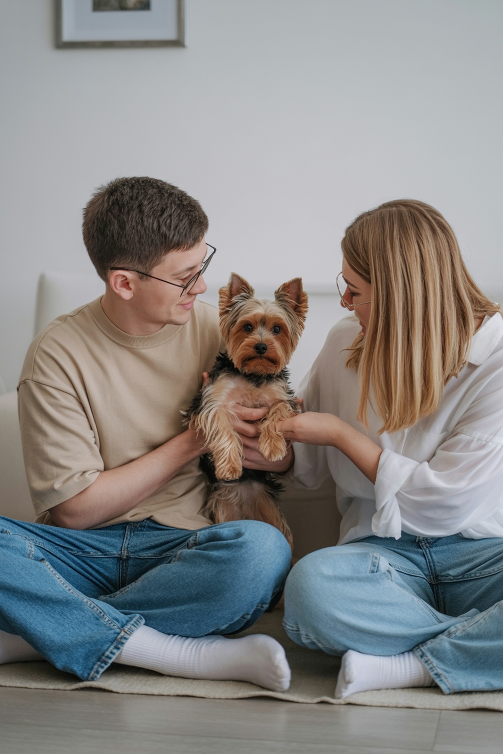 A couple sitting on the floor, holding a Yorkshire Terrier between them.