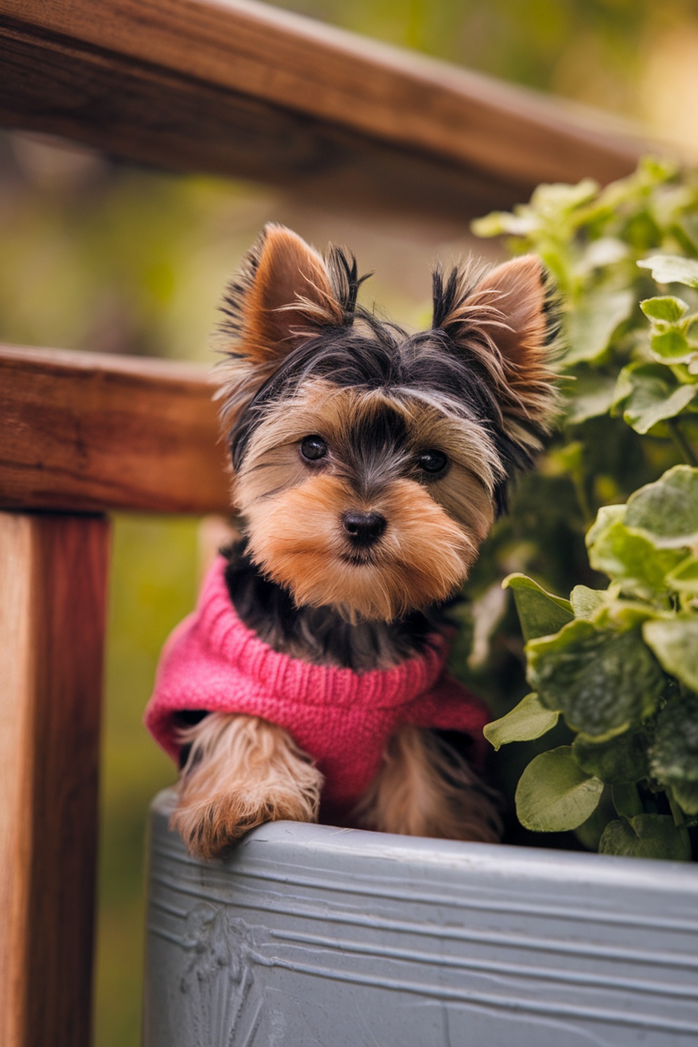 A Teacup Yorkie with cute bangs peeking out from a planter