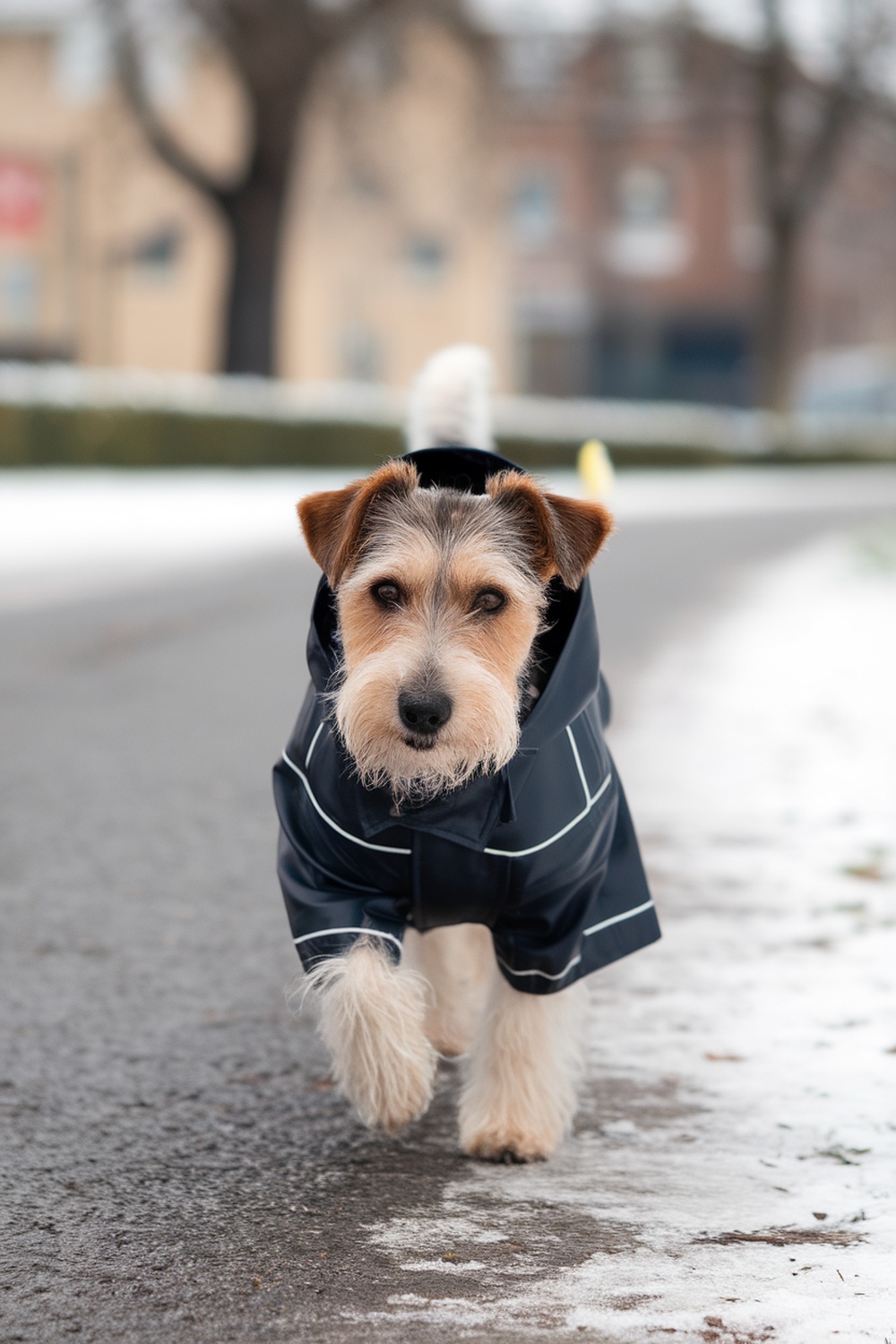 A terrier dog wearing a stylish raincoat, walking on a snowy path.