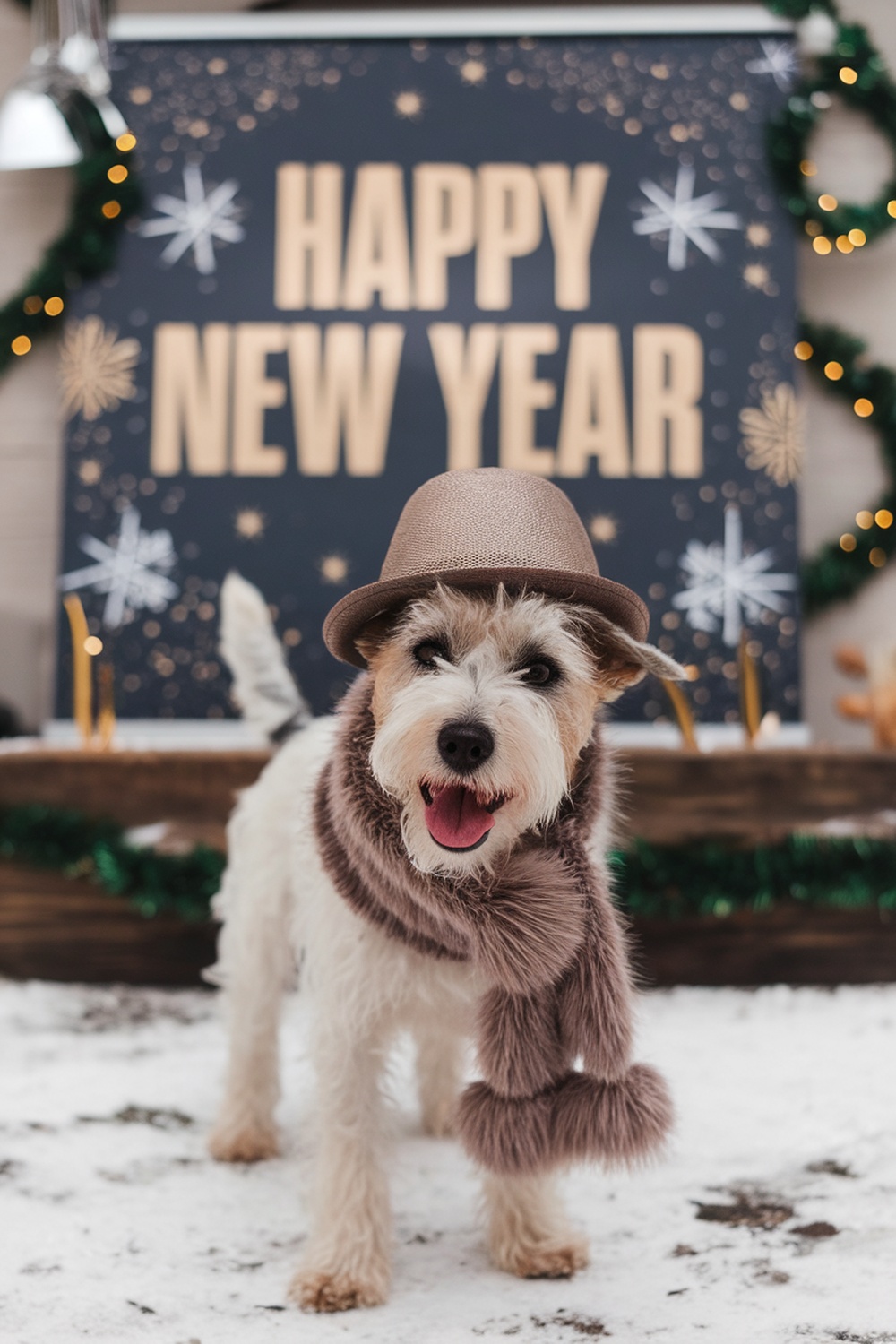 A terrier dog wearing a furry scarf and a hat, celebrating New Year's.