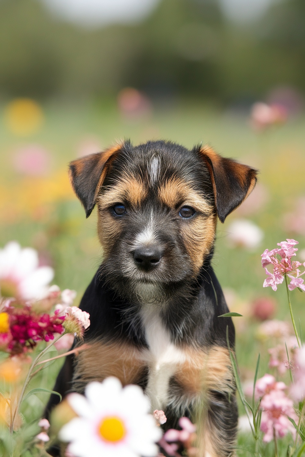A close-up of a Border Terrier puppy surrounded by colorful flowers, showcasing its charming expression.