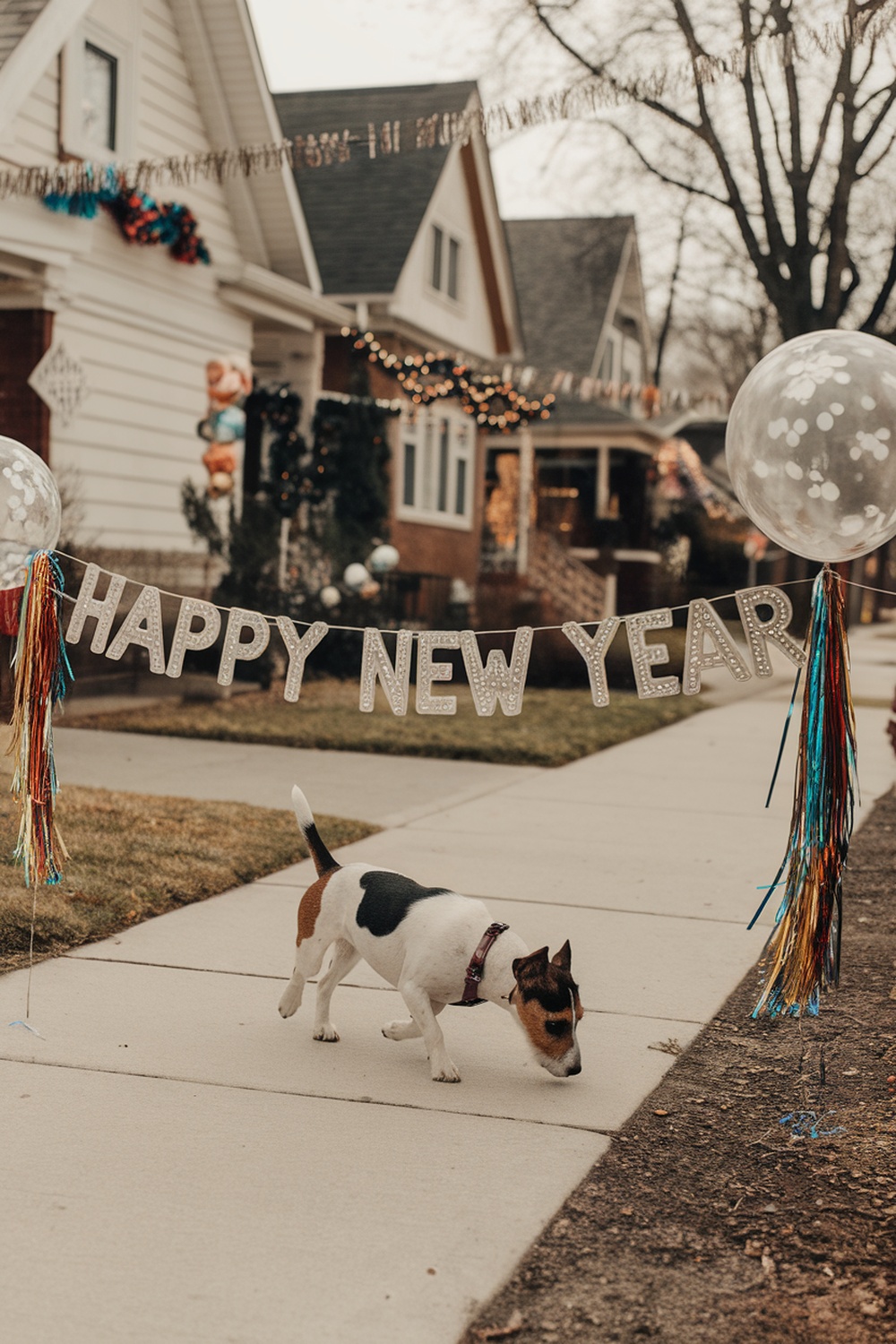 A terrier dog walking near a 'Happy New Year' banner with festive decorations.