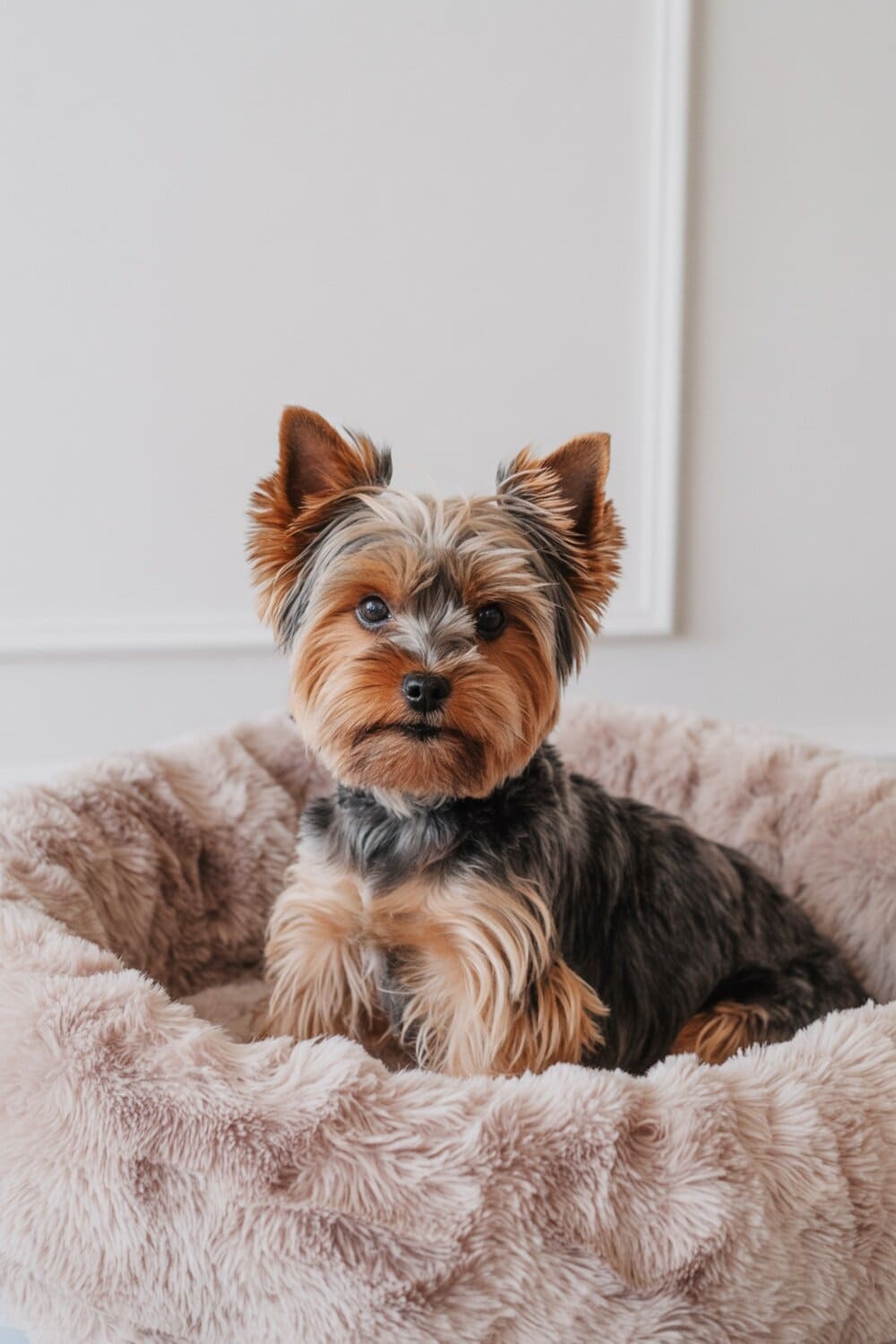 A Yorkshire Terrier sitting in a fluffy dog bed, looking content.