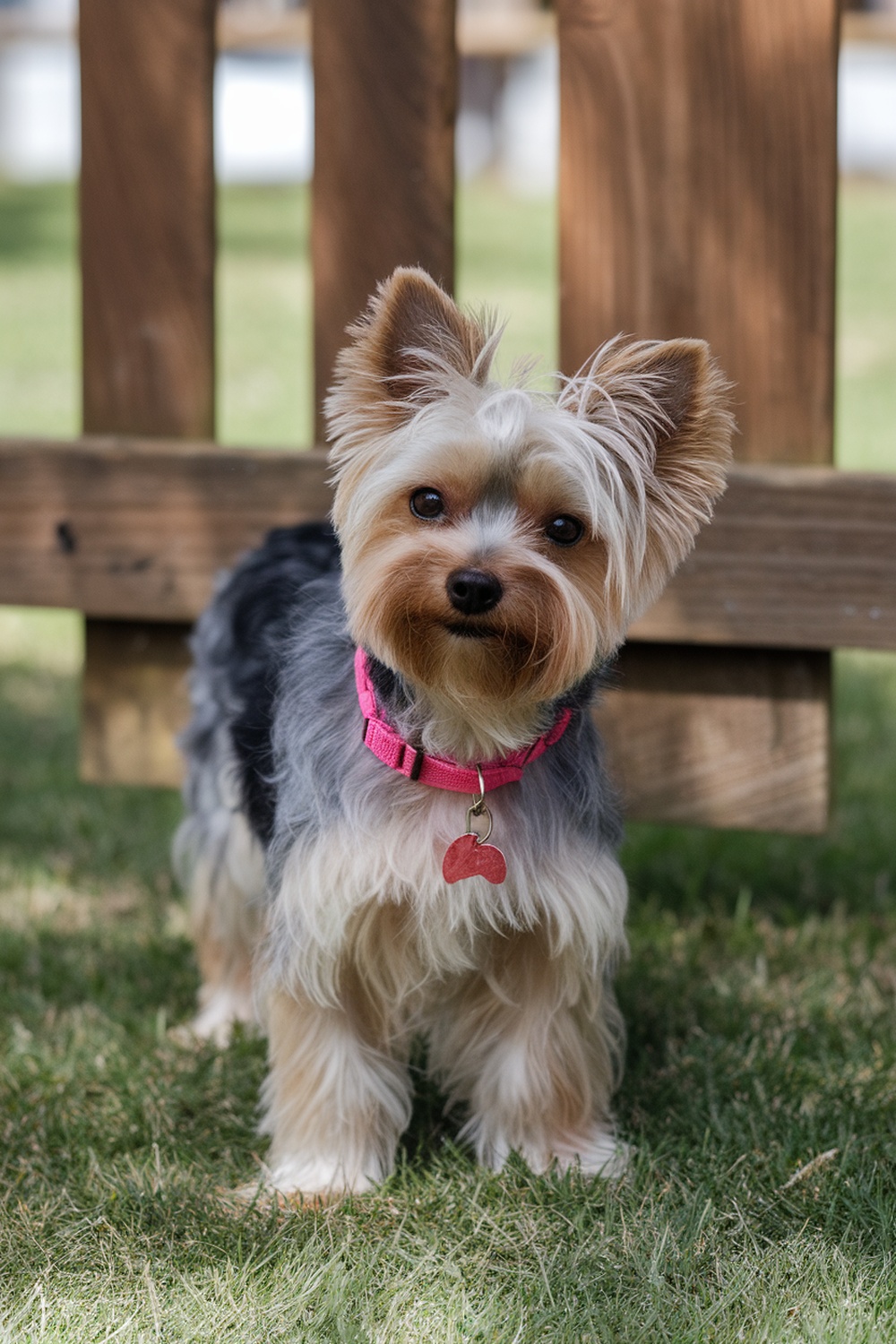 A Teacup Yorkie with a curly haircut, wearing a pink collar, standing on grass.