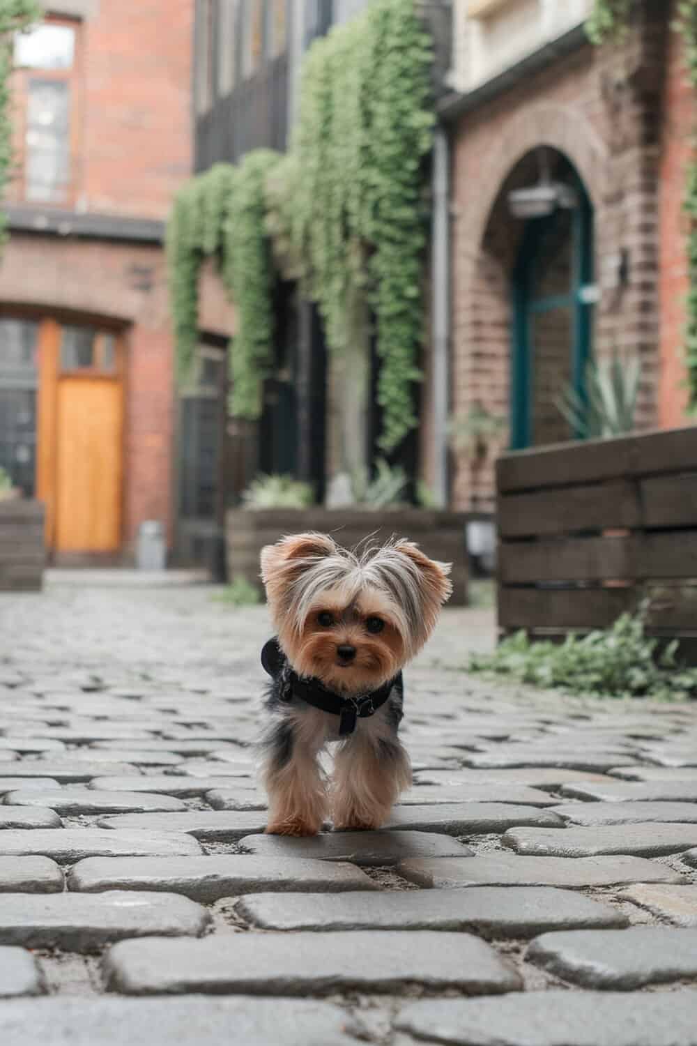 A Teacup Yorkie with an edgy shag haircut walking on a cobblestone path.