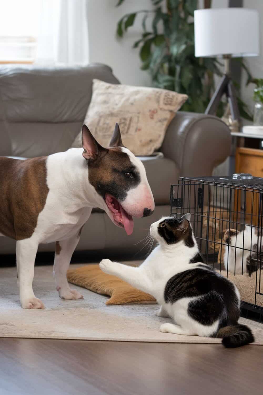 A Bull Terrier interacting playfully with a cat in a cozy living room.