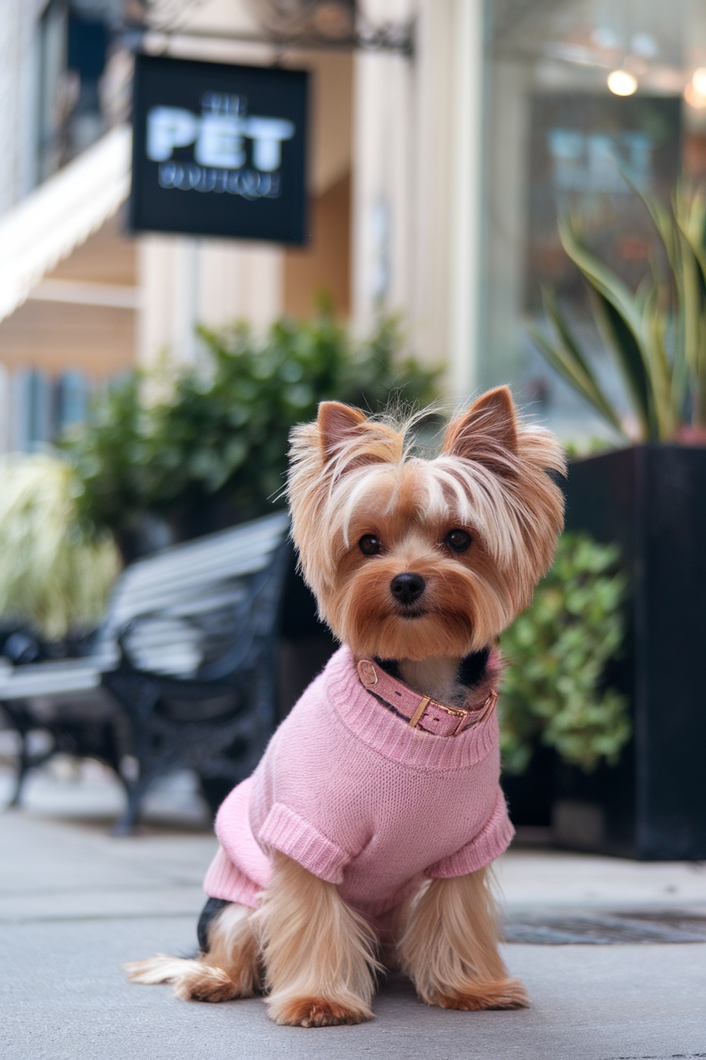 A stylish teacup Yorkie with a chic bob cut, wearing a pink sweater, sitting outside a pet boutique.