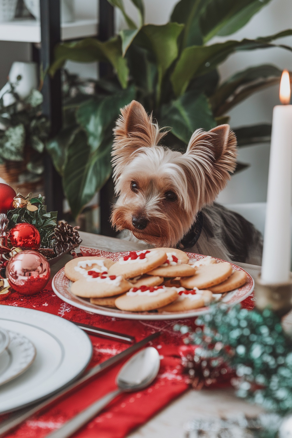 A Yorkie Terrier looking at a plate of Christmas cookies.