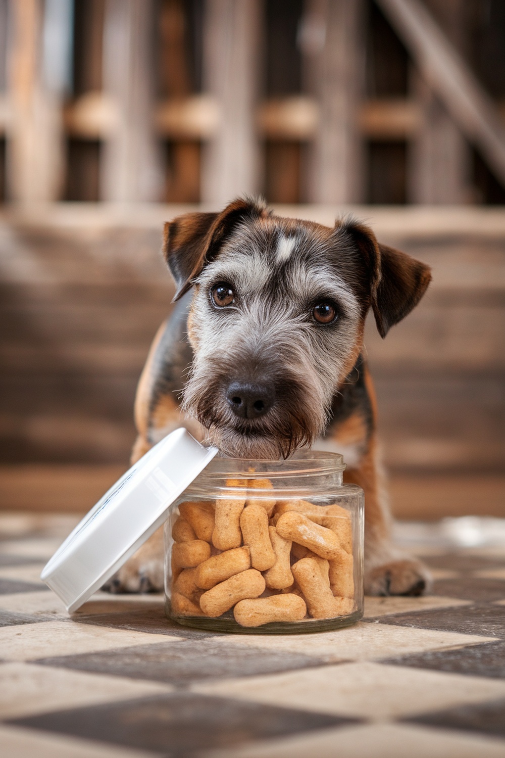 A Border Terrier with its snout in a jar of dog treats, looking playful and curious.