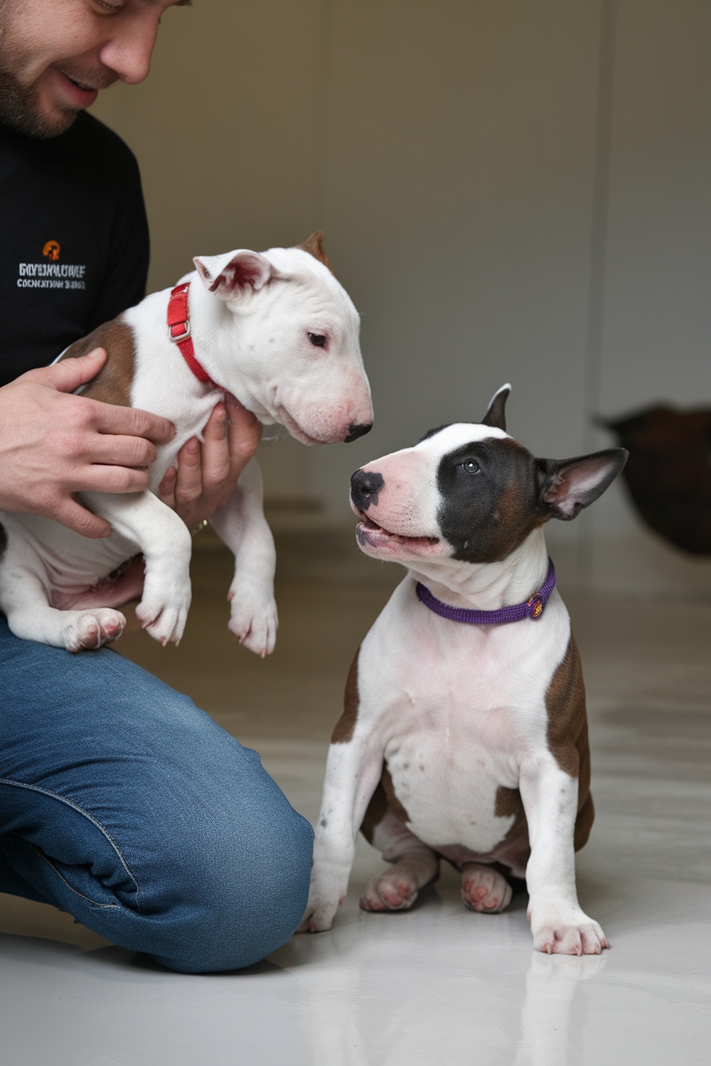 A person holding a Bull Terrier puppy while another Bull Terrier sits nearby.