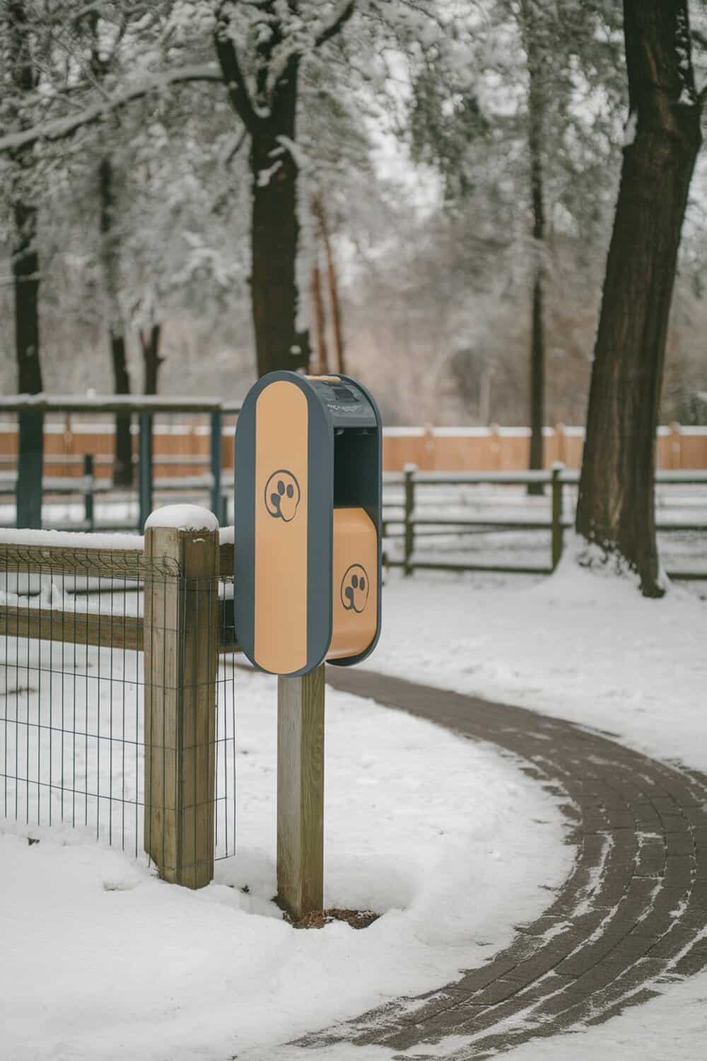 A dog waste bag dispenser in a snowy park setting.