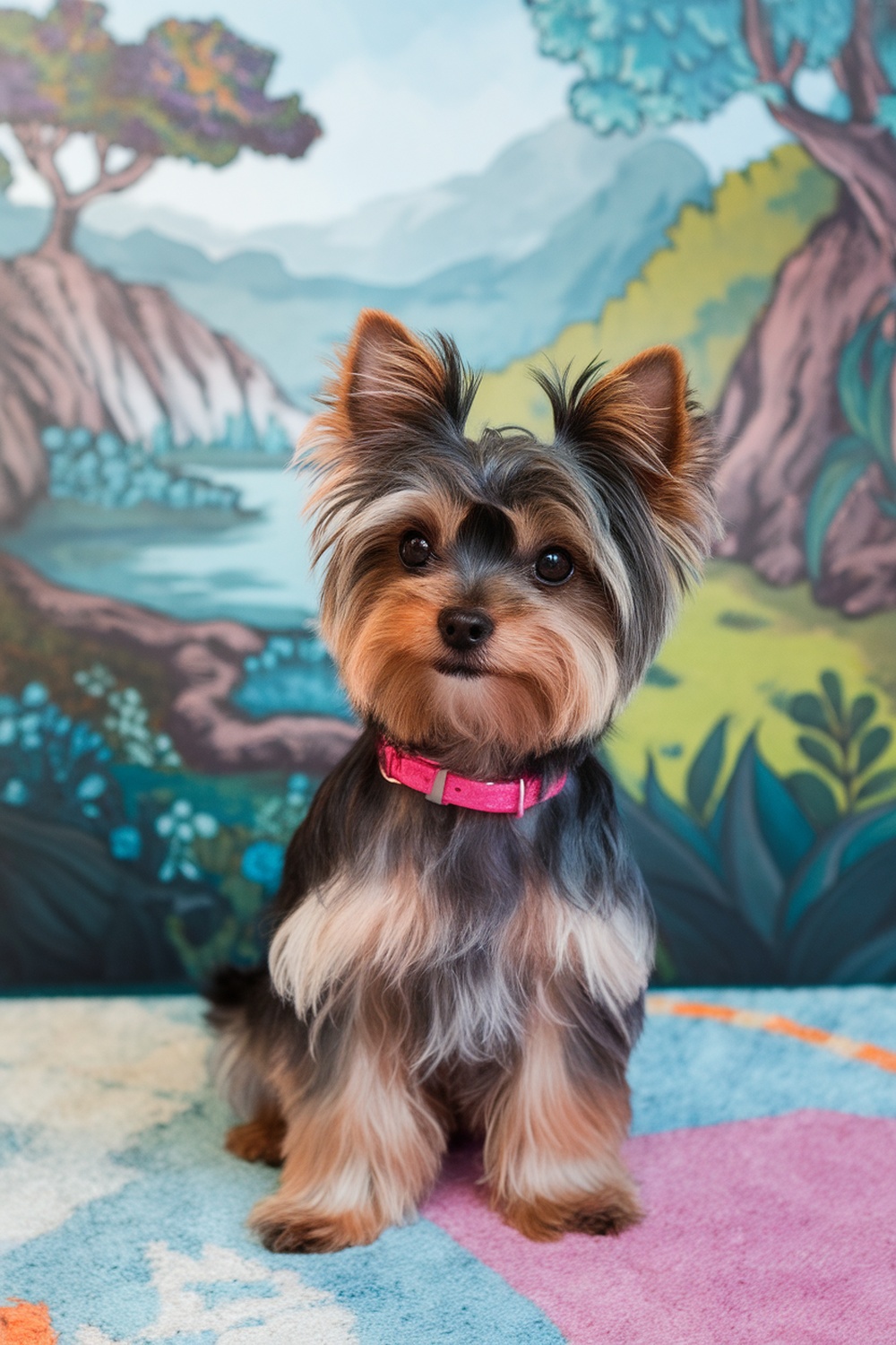 A Teacup Yorkie with vibrant highlights sitting in front of a colorful background.