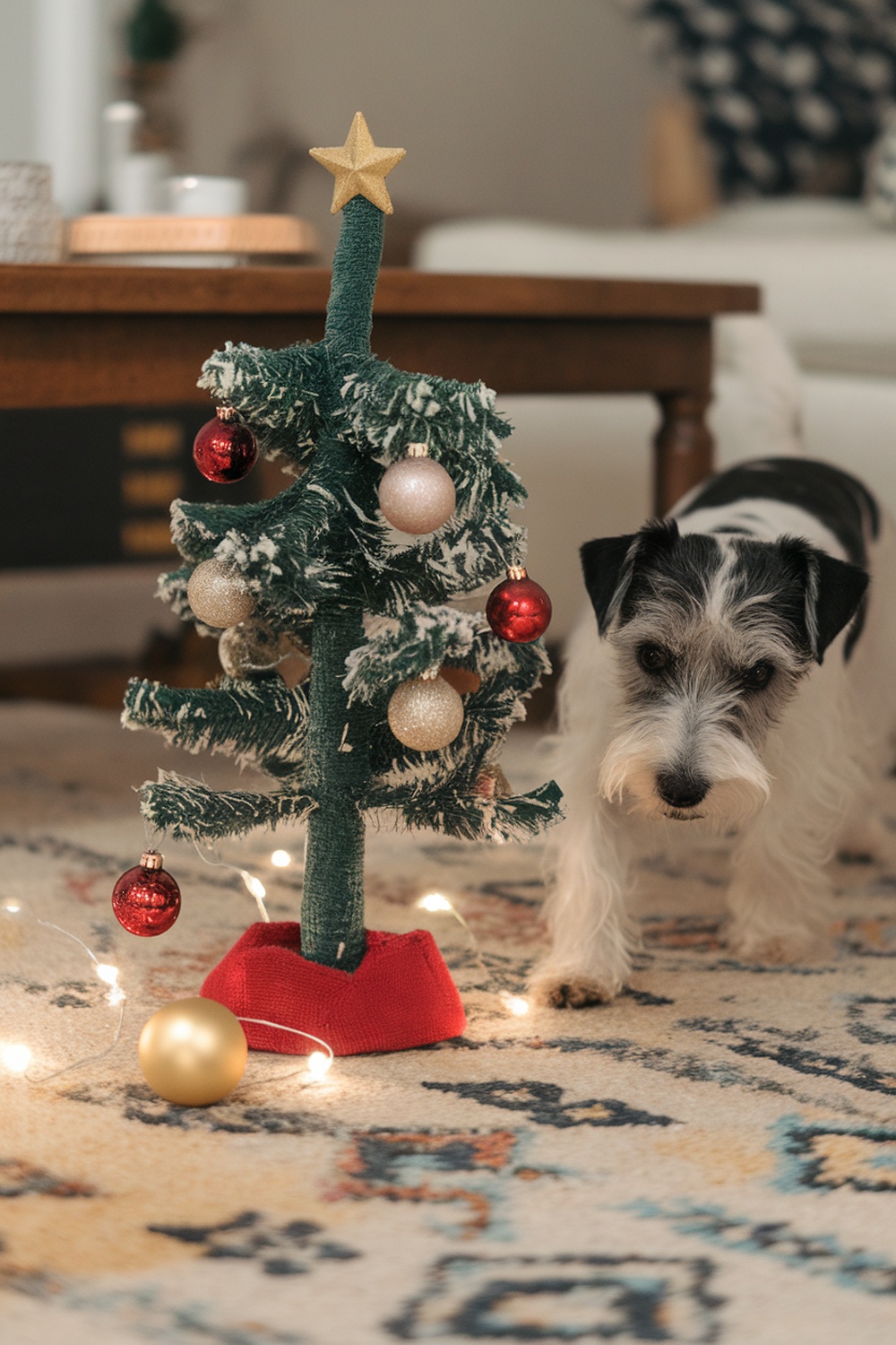 A small Christmas tree toy with decorations and a terrier nearby.
