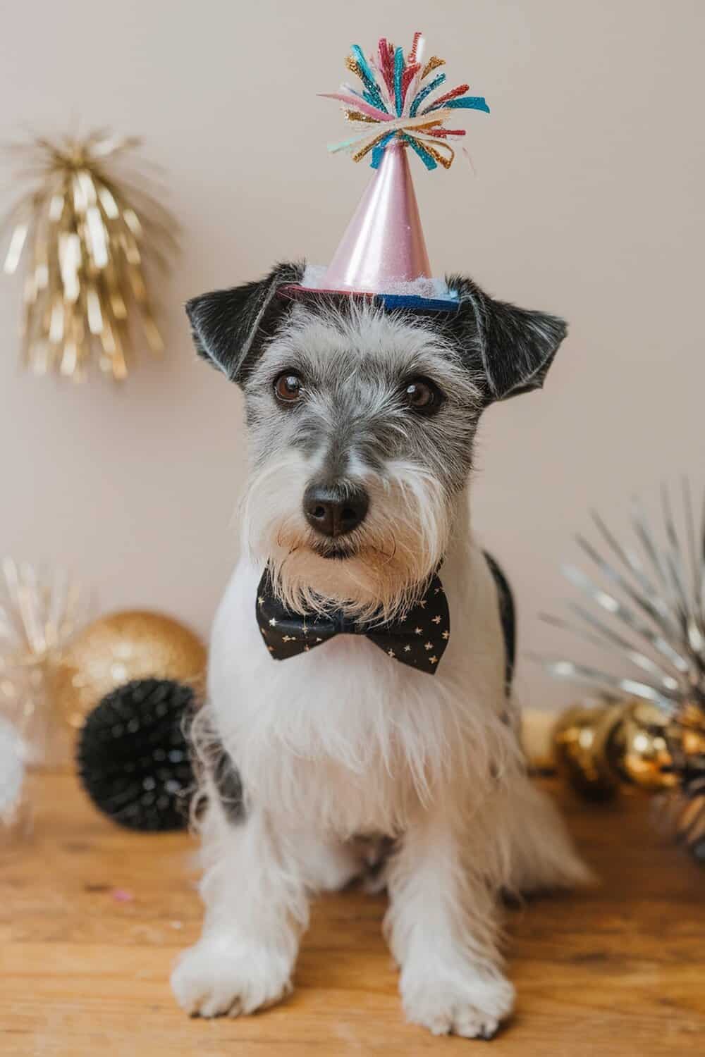 A terrier dog wearing a party hat and bow tie, surrounded by festive decorations.