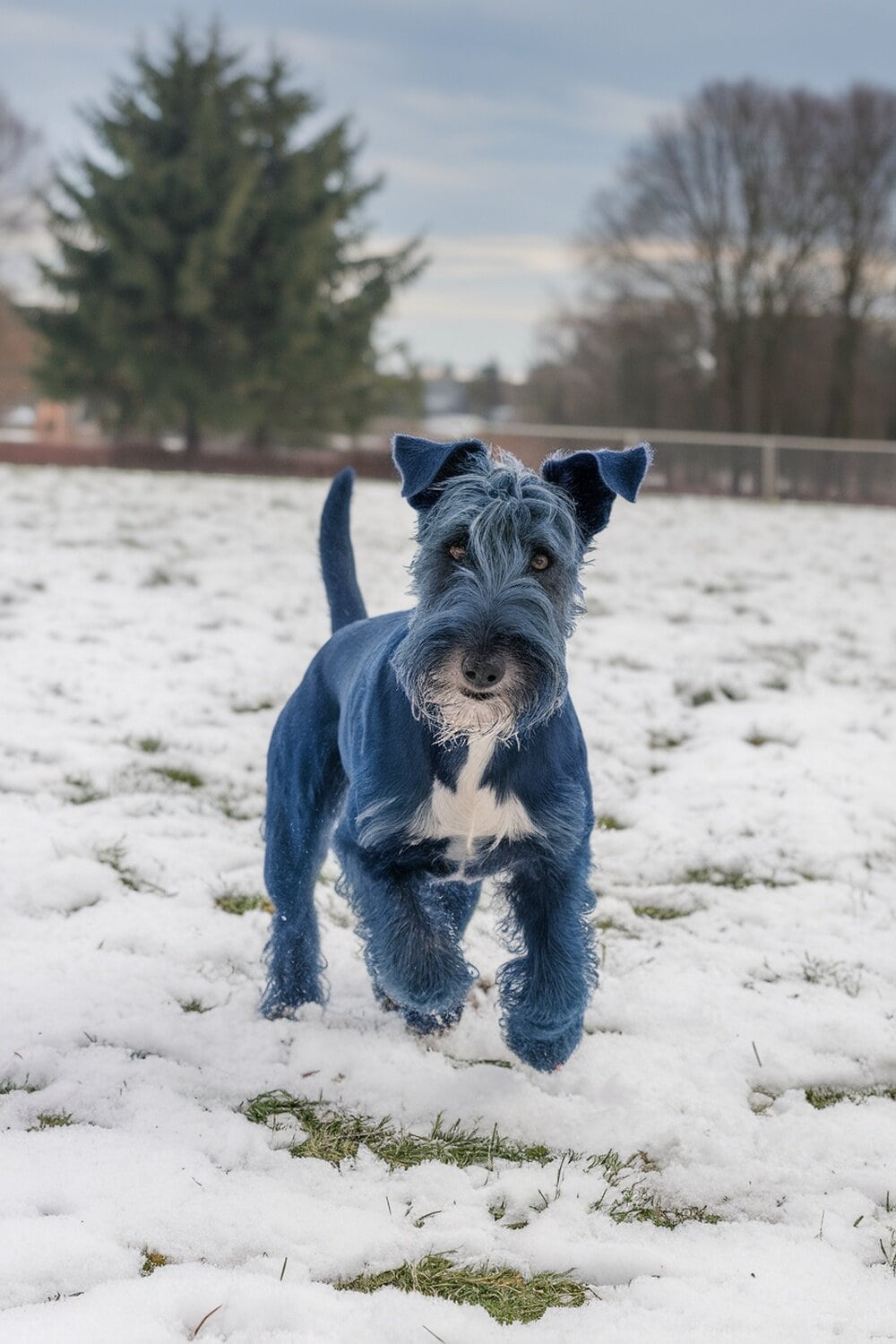 A Kerry Blue Terrier playing in the snow.
