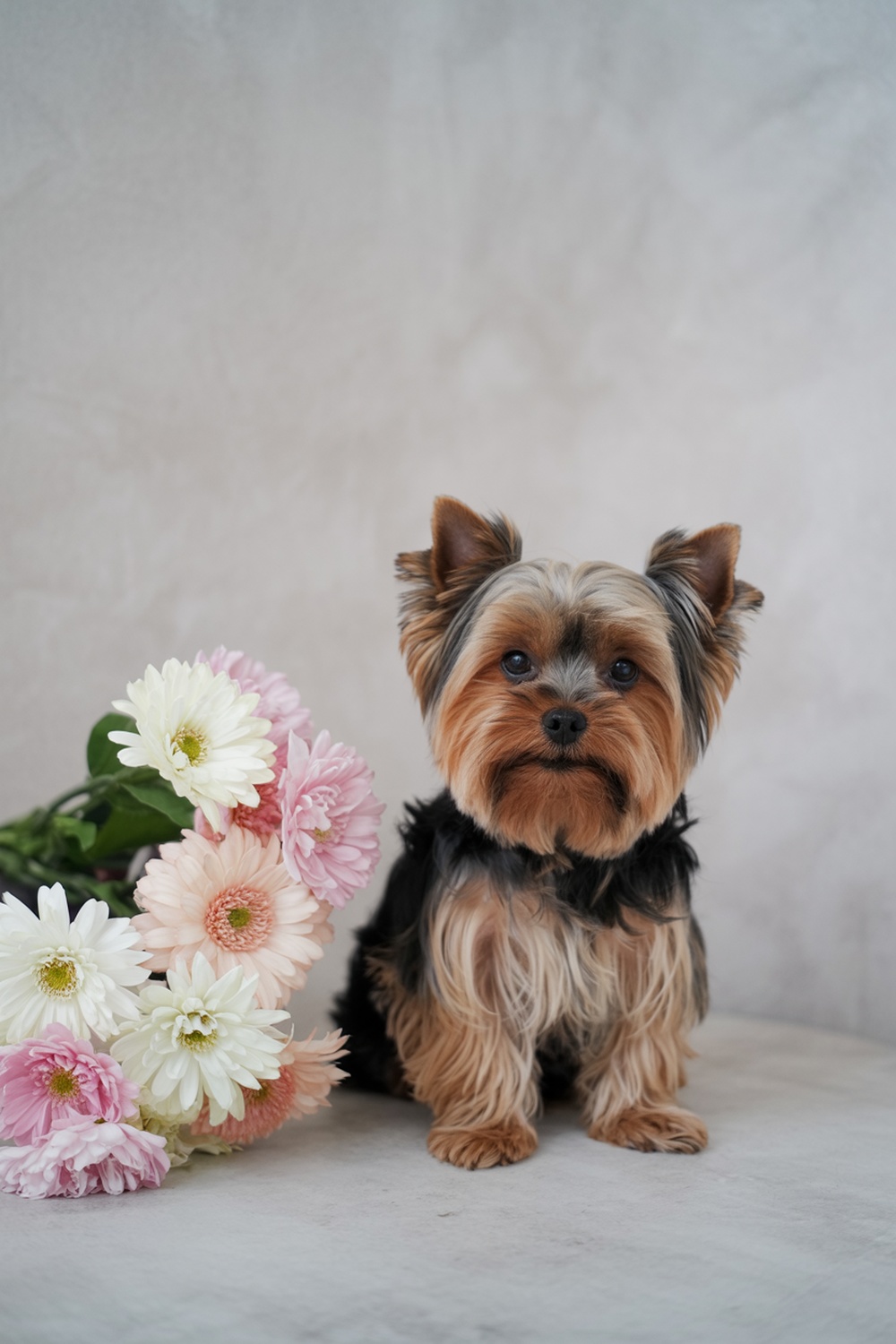 A Yorkshire Terrier sitting beside a bouquet of flowers.