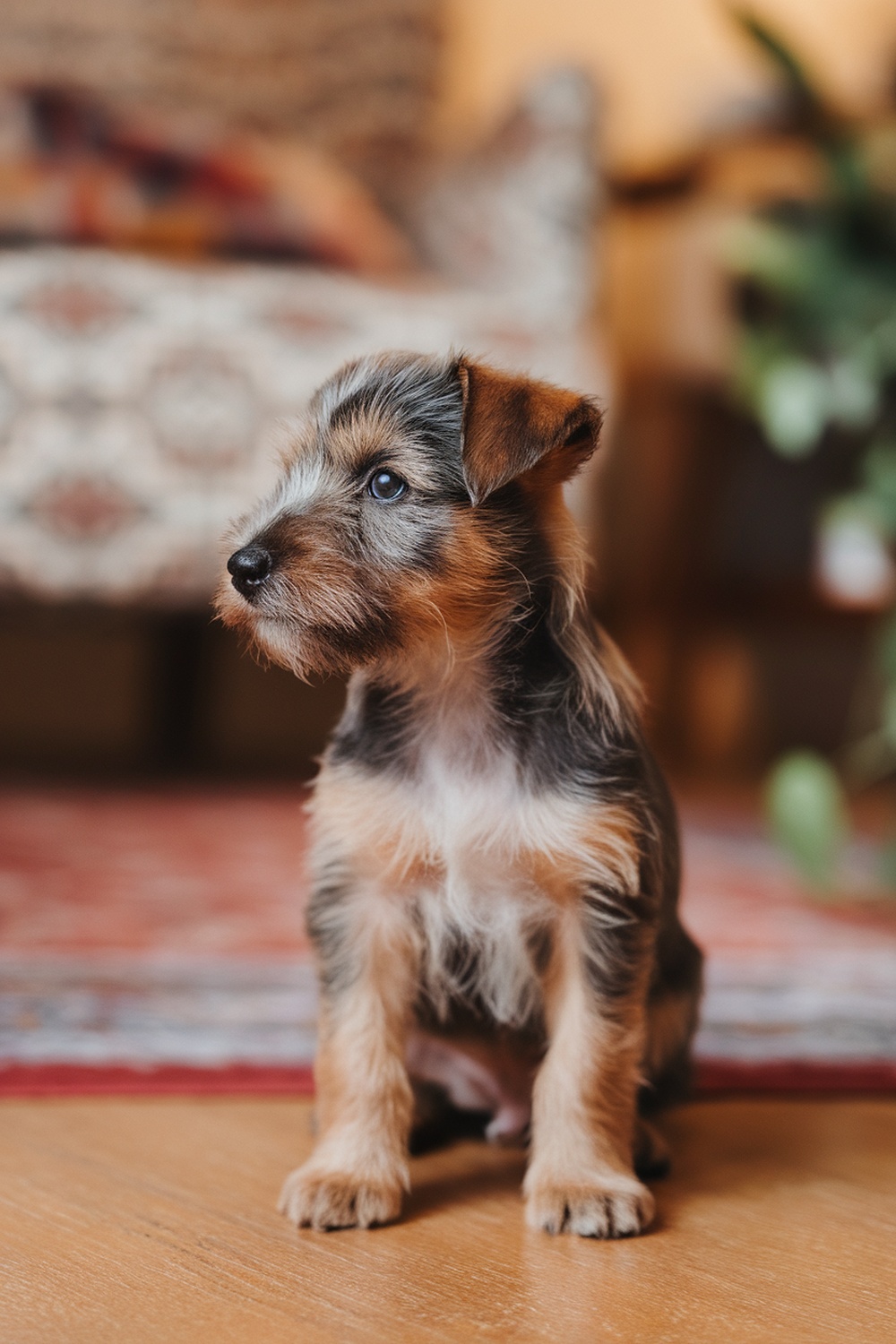 A charming Border Terrier puppy sitting on a wooden floor, looking adorable with its fluffy fur and bright eyes.