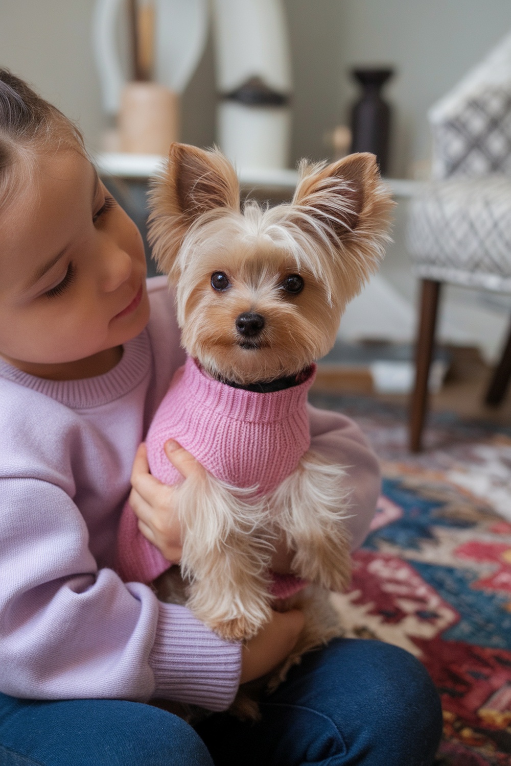 A teacup Yorkie puppy with heart-shaped ears wearing a pink sweater, being held by a child.
