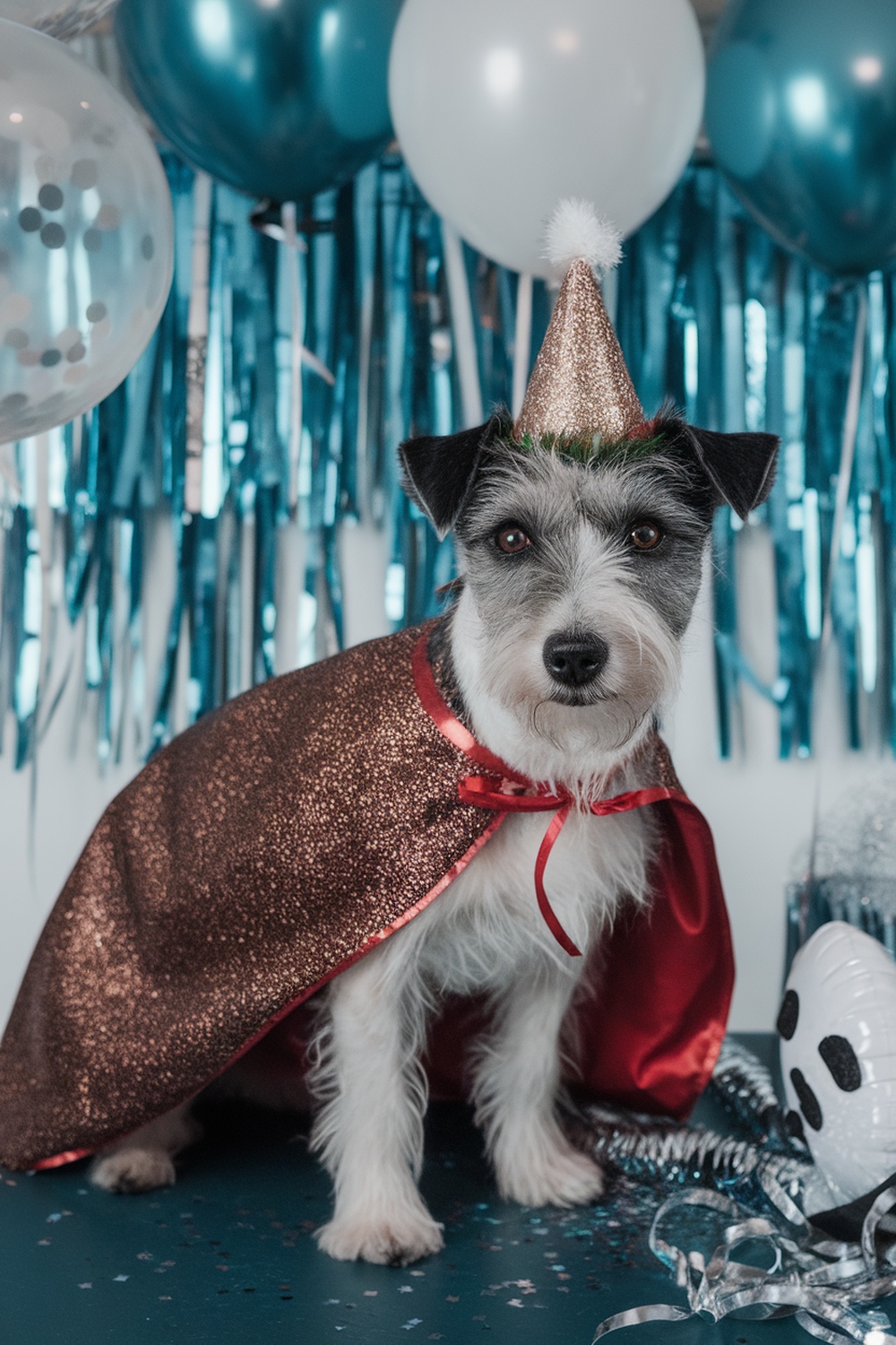 A terrier dog wearing a glittery cape and party hat, surrounded by festive decorations.