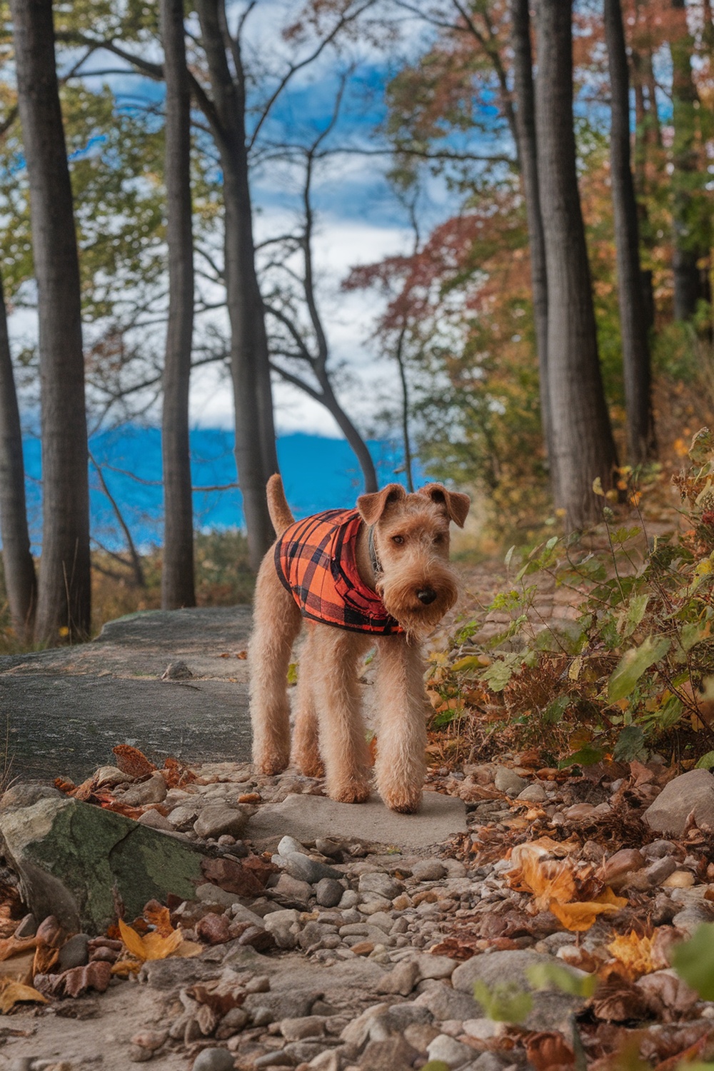 Airedale in a plaid jacket walking on a rocky path surrounded by trees and autumn leaves.