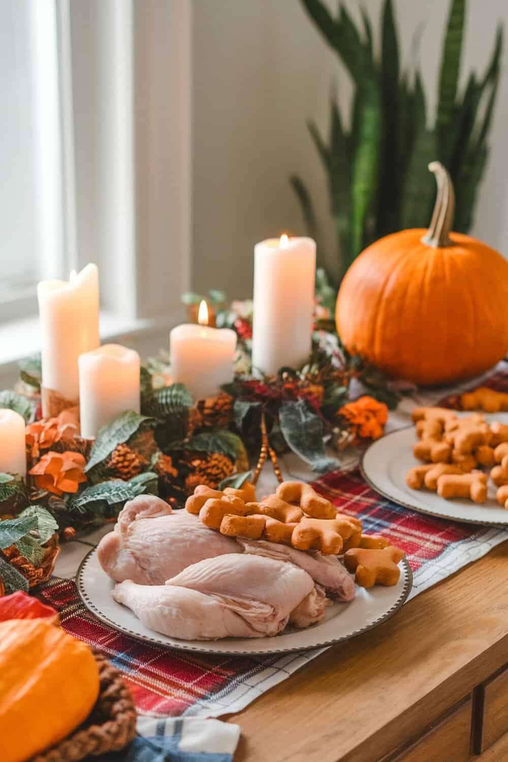 A festive display of chicken and pumpkin biscuits for dogs, surrounded by candles and autumn decorations.