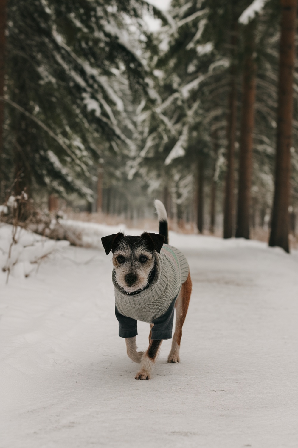 A Border Terrier wearing a sweater walking on a snowy path surrounded by trees.