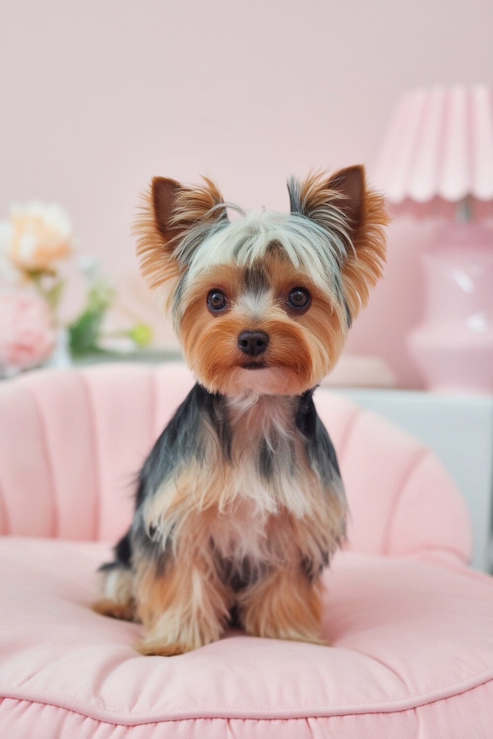 A Teacup Yorkie with a dainty pixie cut sitting on a pink cushion.