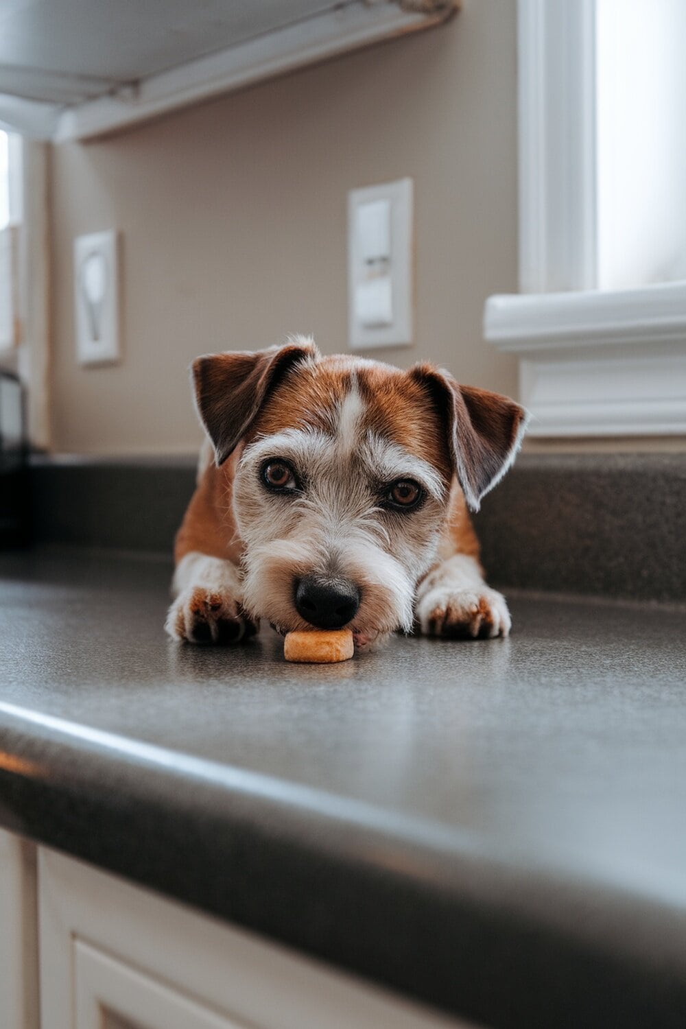 A Border Terrier lying on a kitchen counter, eyeing a snack.