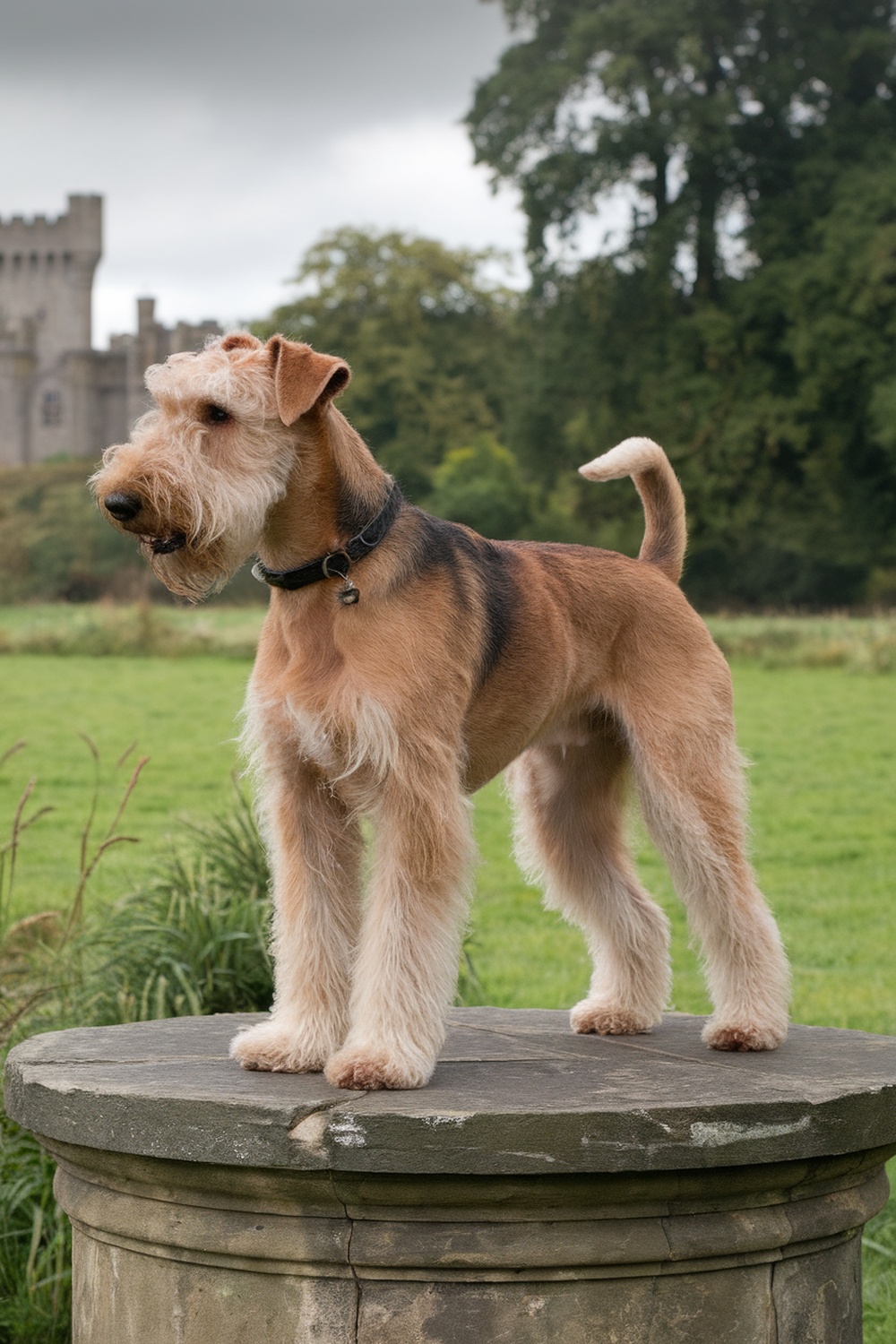 Airedale standing proudly on a stone pedestal in a green field.