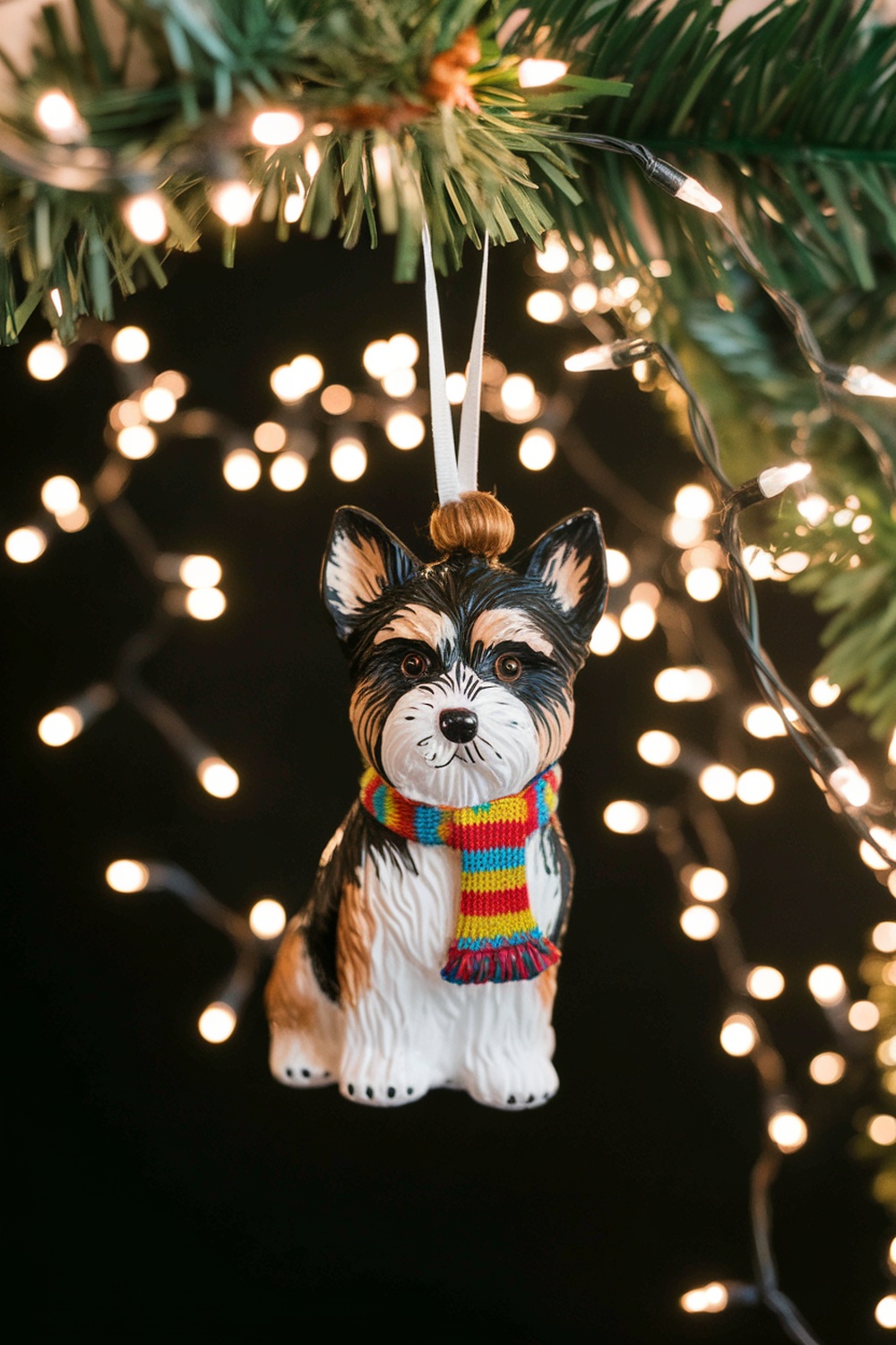 A Tibetan Terrier holiday ornament hanging on a Christmas tree with lights in the background.