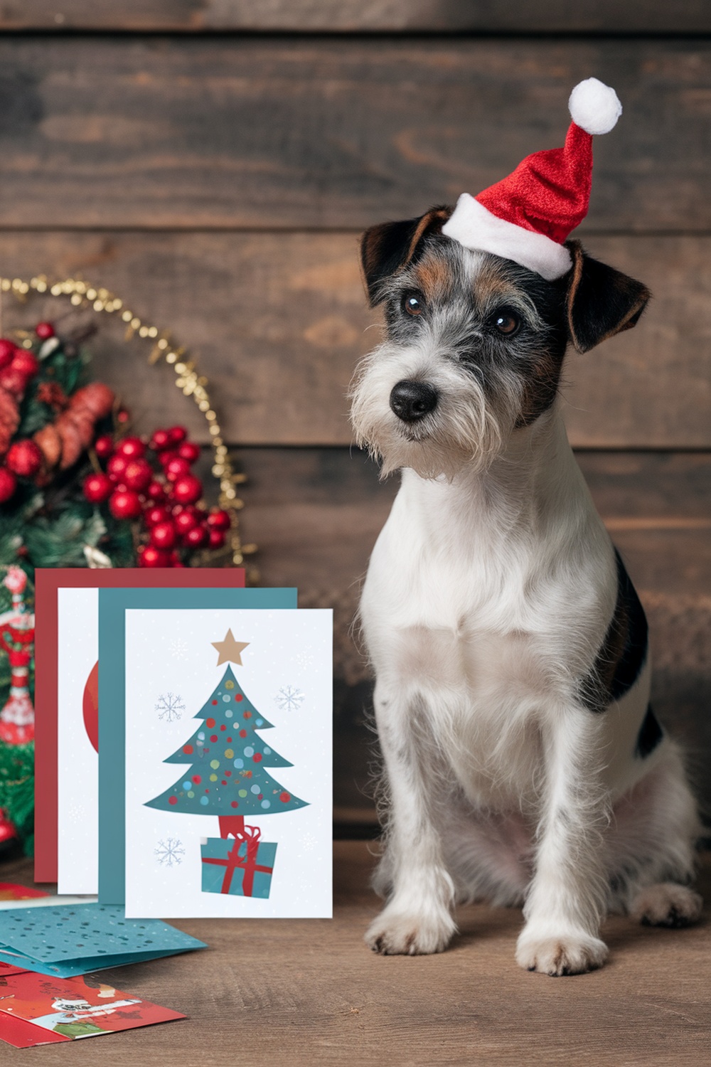 A terrier dog wearing a Christmas hat, sitting beside colorful holiday cards.