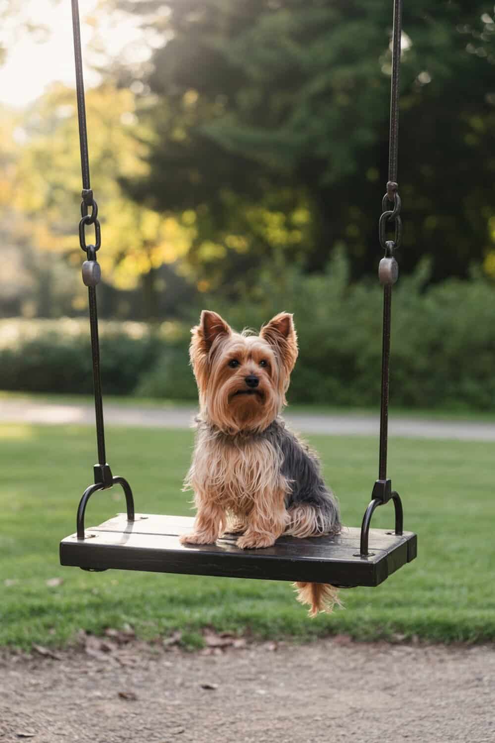 A Yorkshire Terrier sitting on a swing in a park
