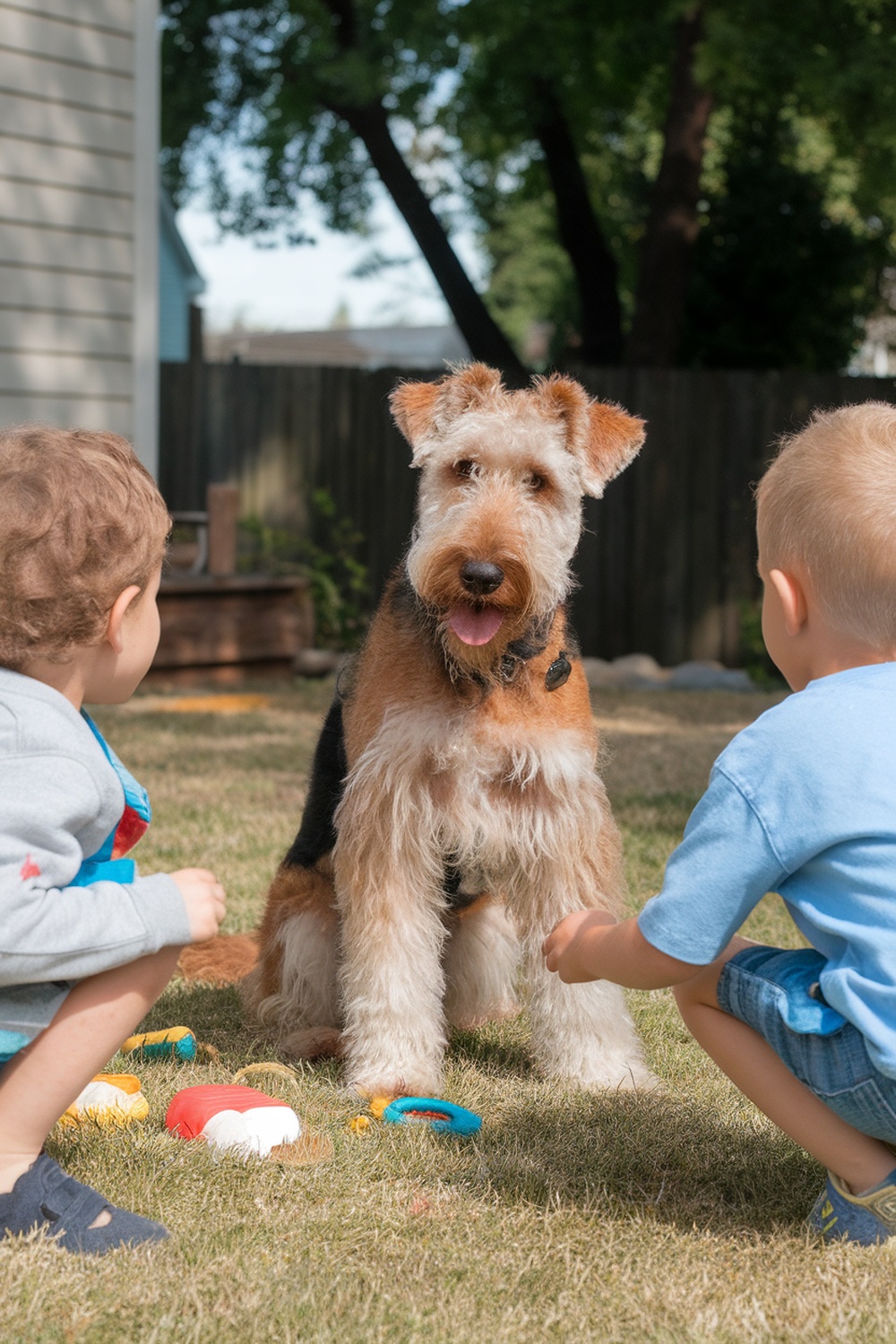 Airedale Terrier sitting with two children playing in the yard.