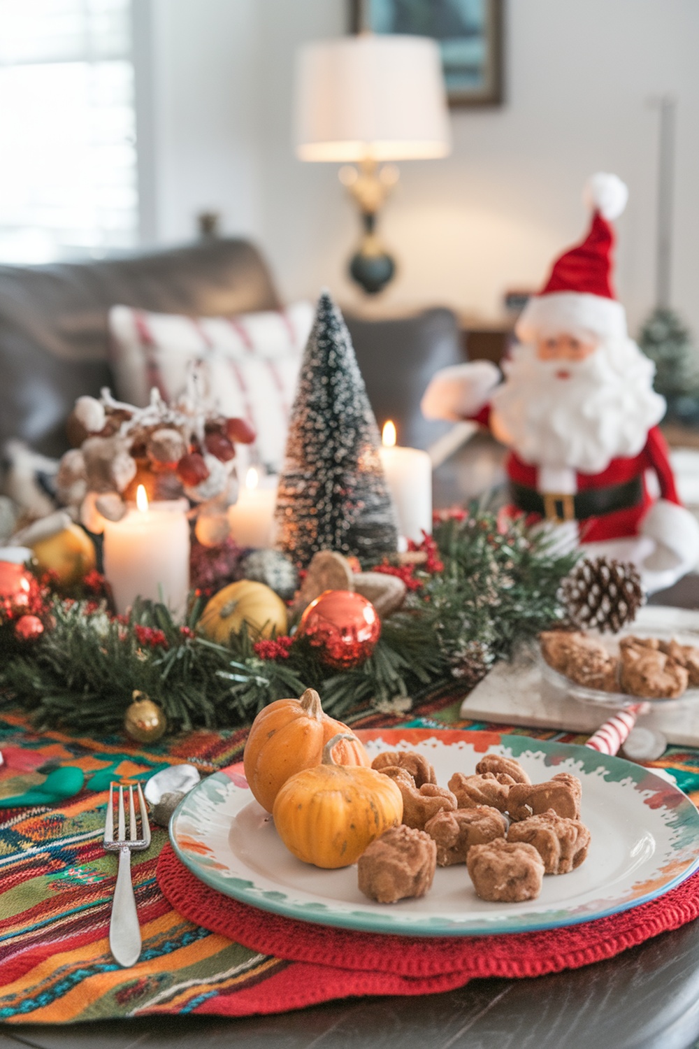 A plate of pumpkin and coconut dog treats with small pumpkins and holiday decorations.