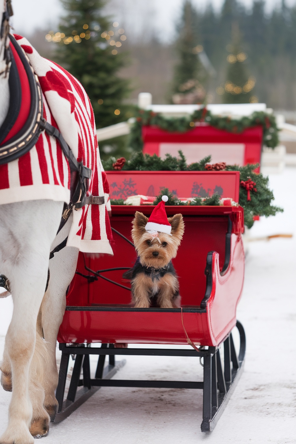 A Yorkie Terrier wearing a Santa hat sitting in a red sleigh, ready for Christmas.