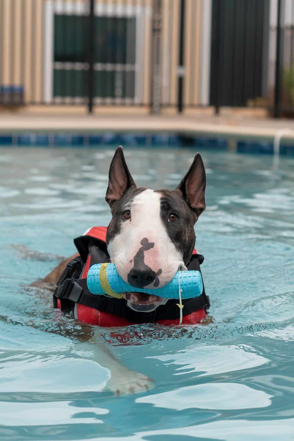 A Bull Terrier swimming in a pool with a toy in its mouth, wearing a life jacket.
