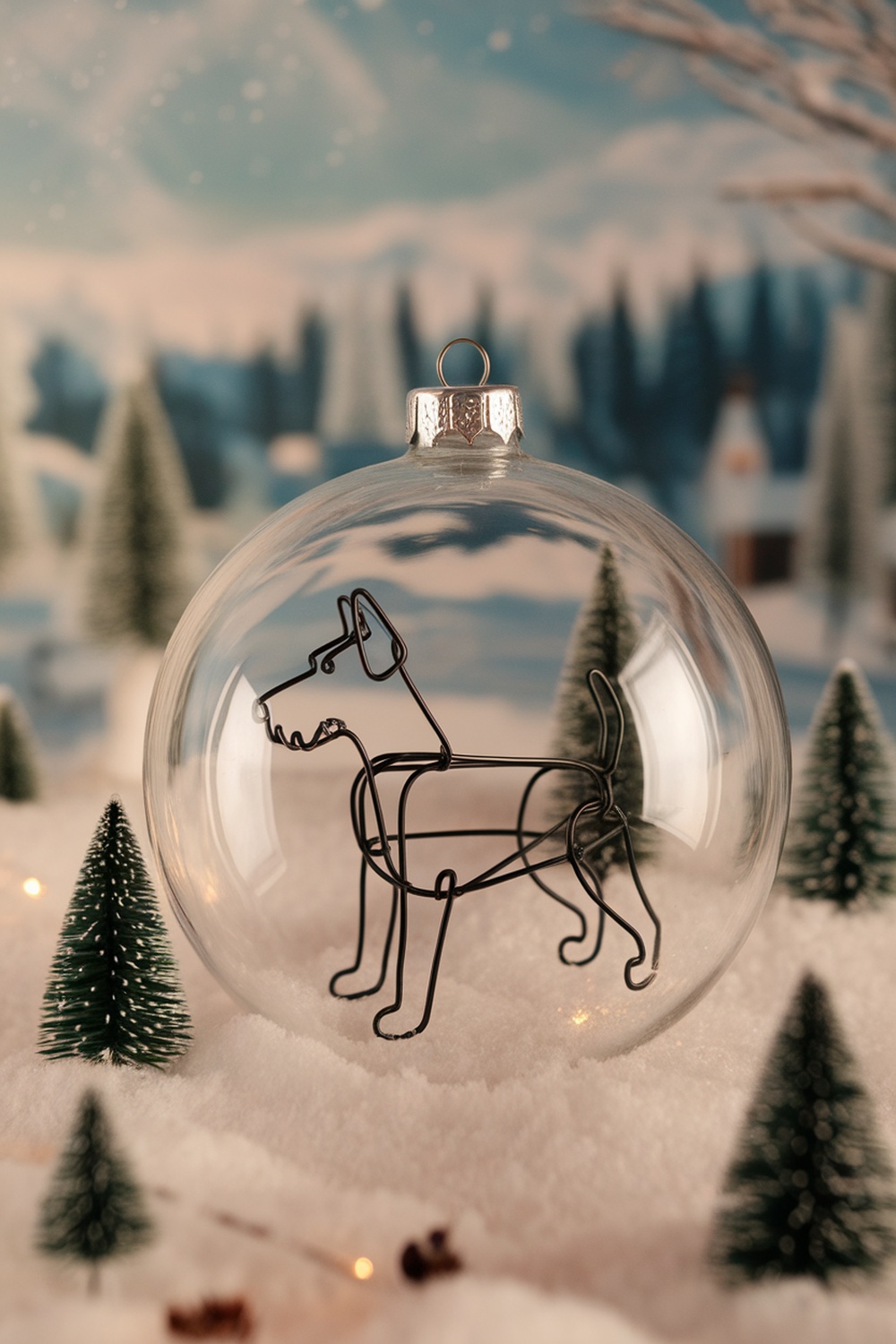 A clear Christmas bauble featuring a wireframe design of a Wire Fox Terrier, surrounded by snow and miniature trees.