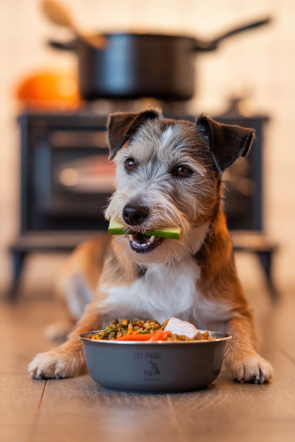 A Border Terrier happily enjoying a bowl of nutritious food with a piece of celery in its mouth.