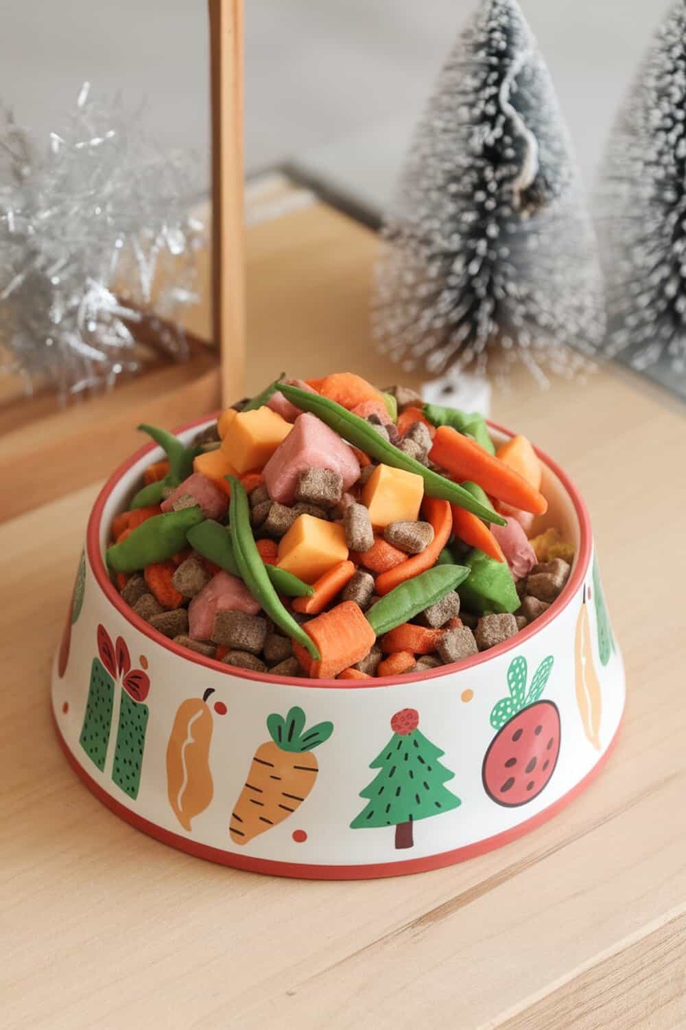 A bowl filled with colorful vegetable dog treats, including carrots, green beans, and other crunchy bits.
