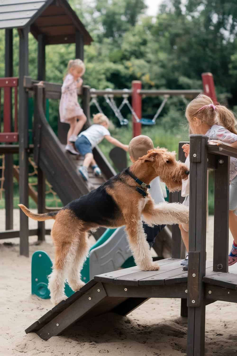 An Airedale playing with children at a playground.