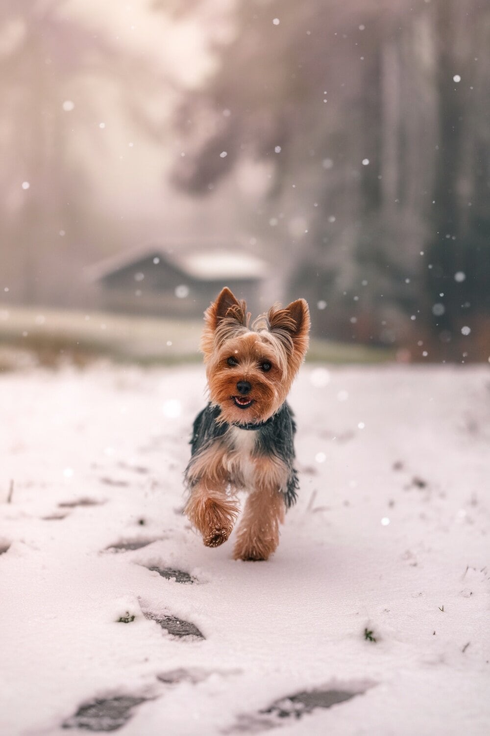 A Yorkie Terrier running joyfully in the snow.