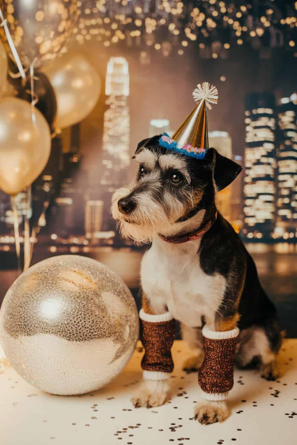 A terrier dog wearing a party hat and sparkly leg warmers, sitting next to a disco ball.
