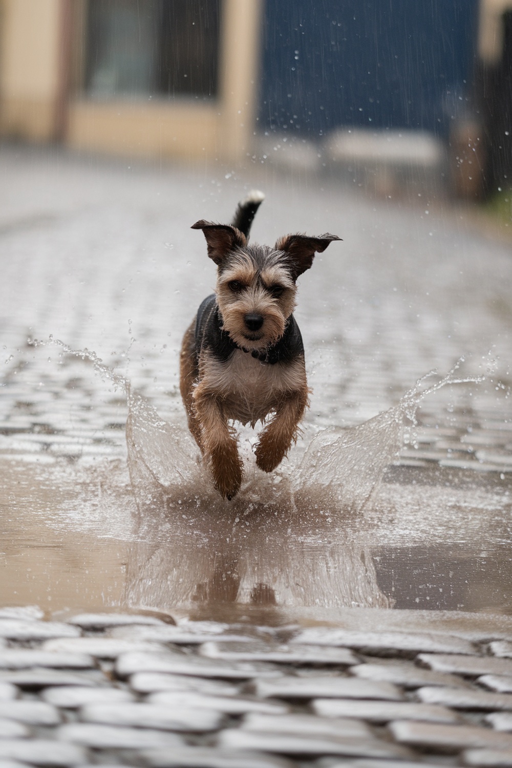 A Border Terrier joyfully splashing through a puddle on a rainy day.